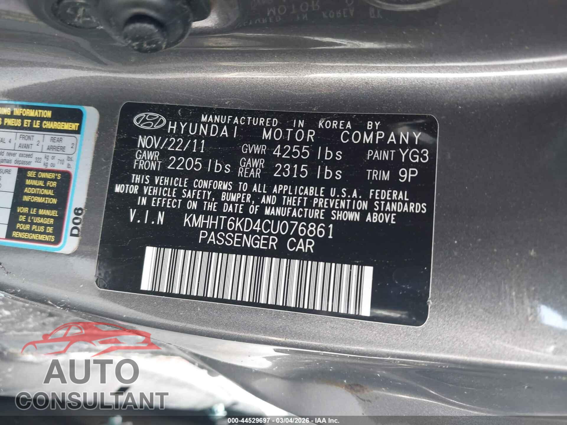 HYUNDAI GENESIS 2012 - KMHHT6KD4CU076861