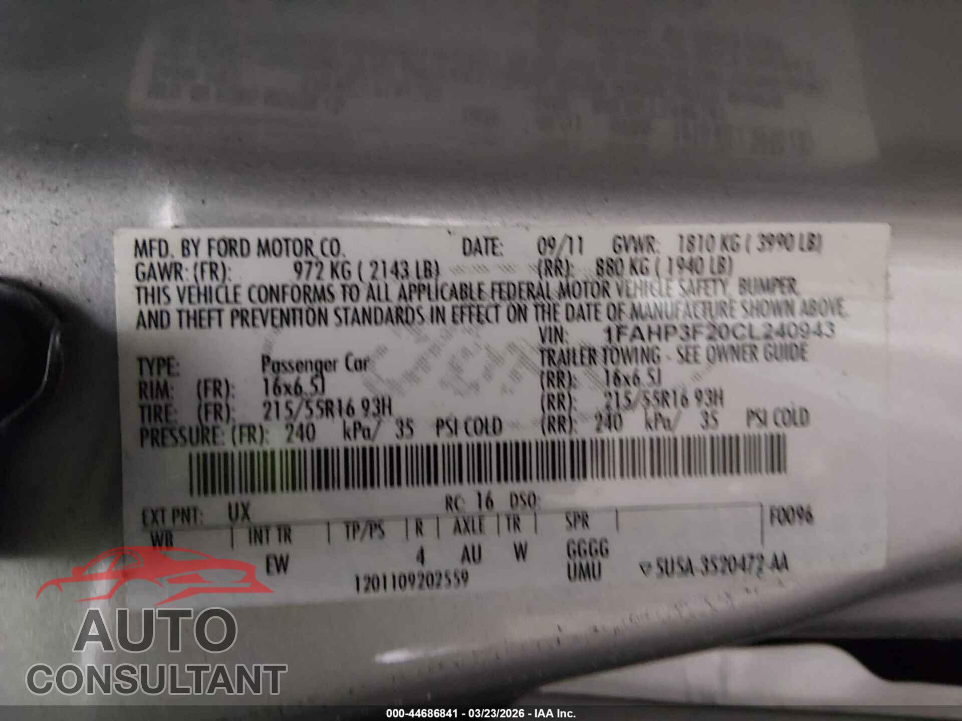 FORD FOCUS 2012 - 1FAHP3F20CL240943
