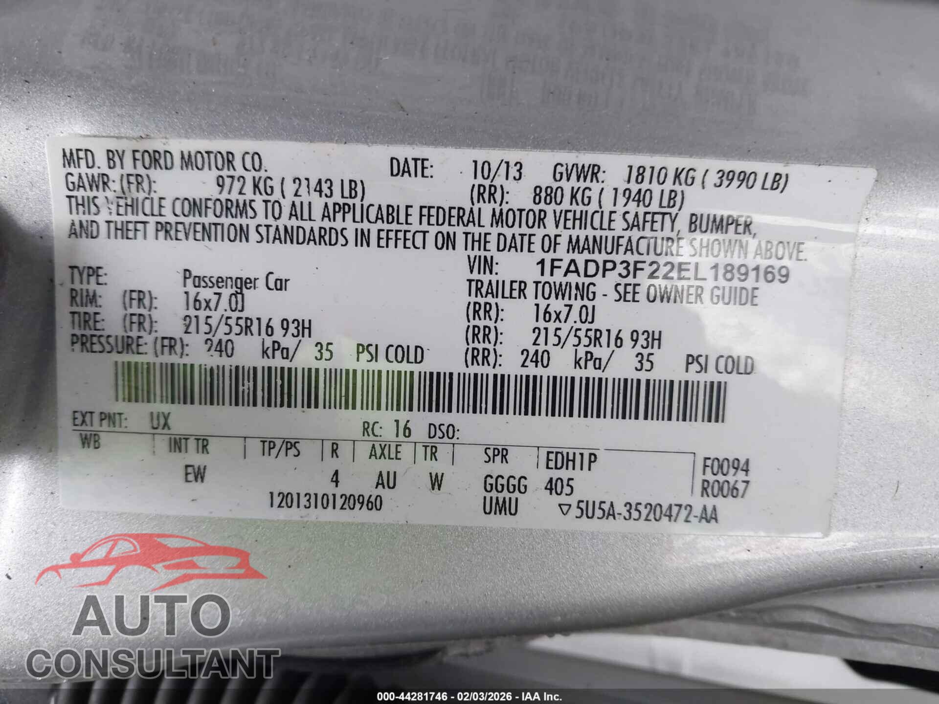 FORD FOCUS 2014 - 1FADP3F22EL189169