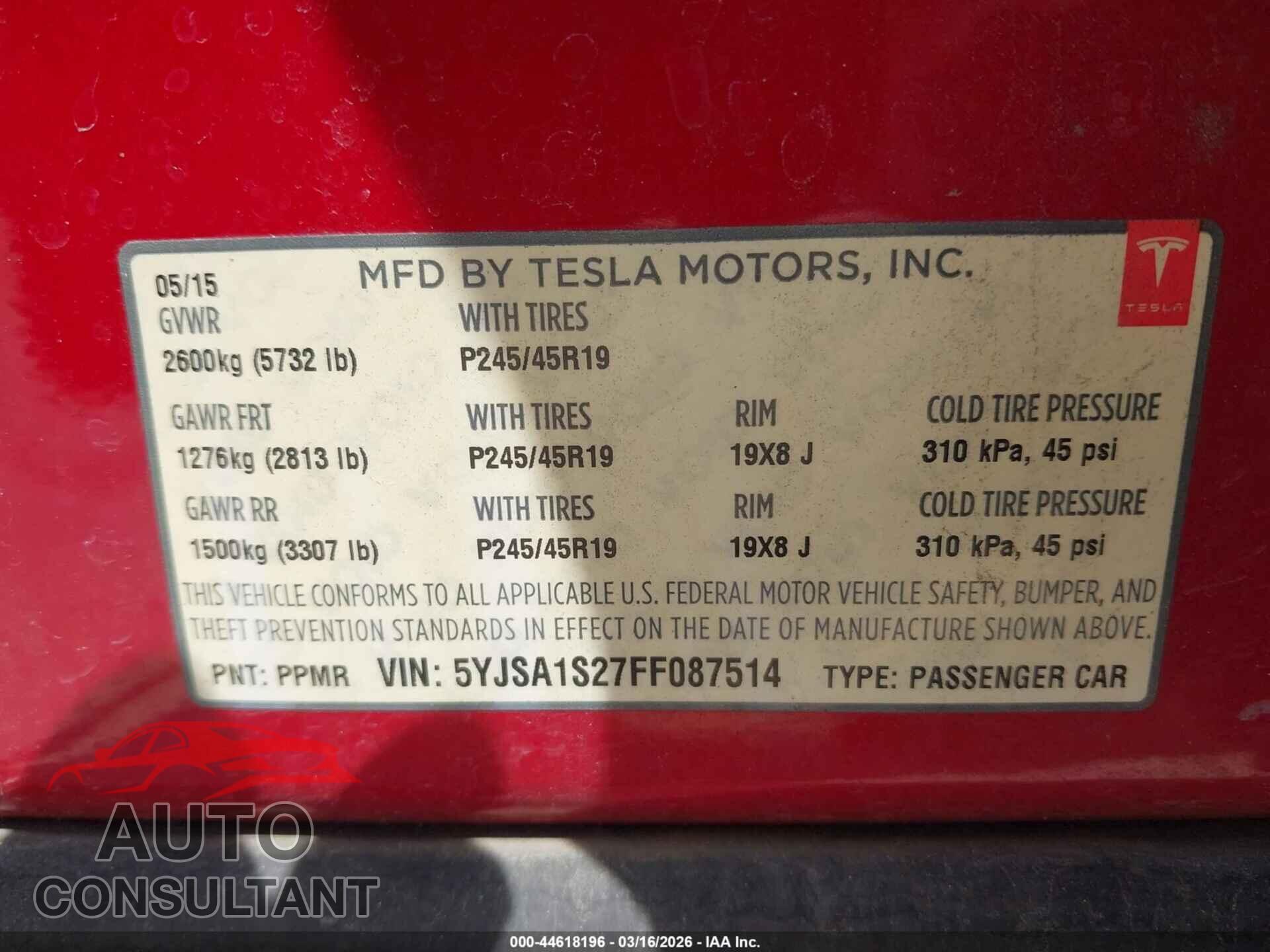 TESLA MODEL S 2015 - 5YJSA1S27FF087514