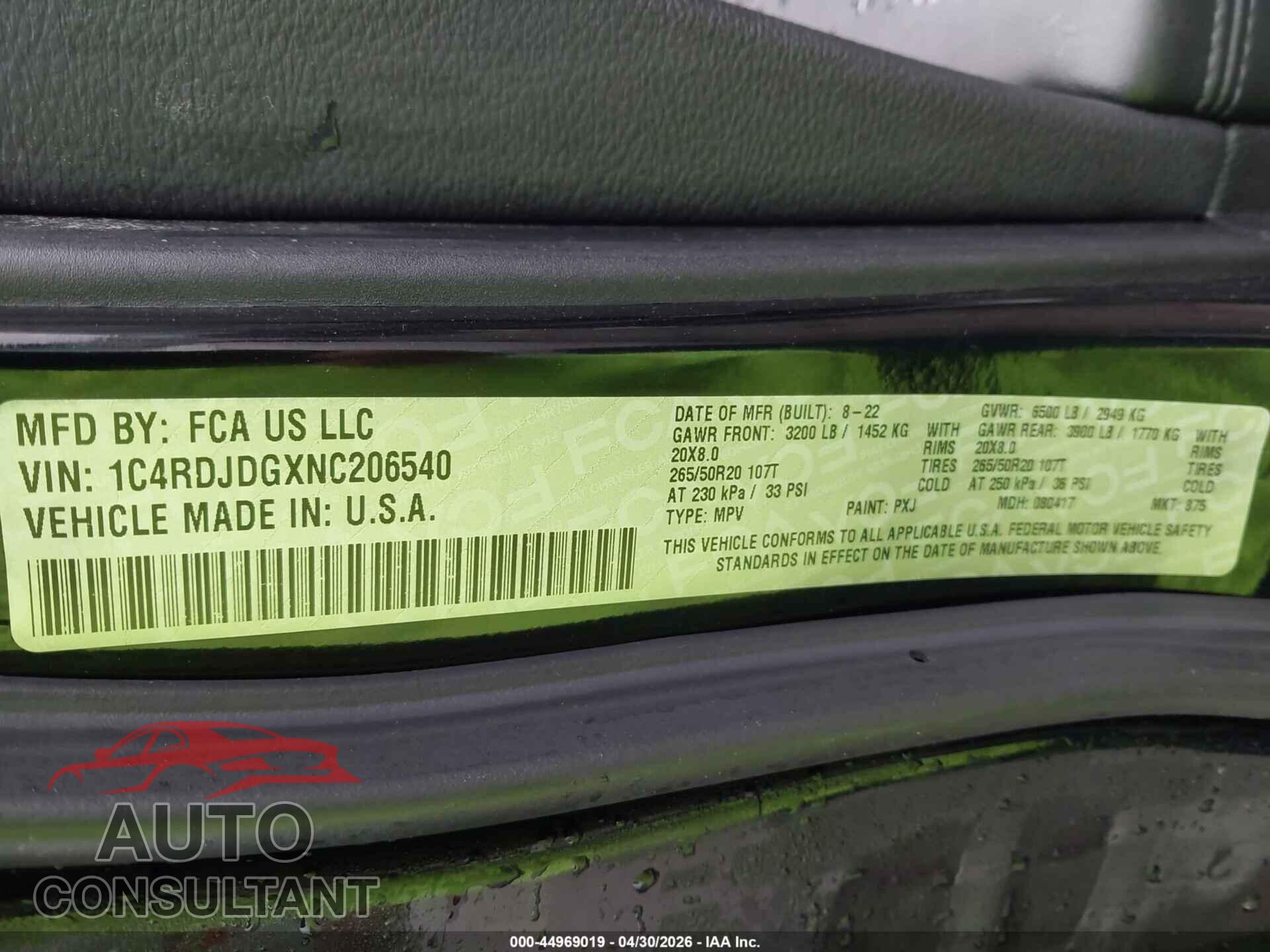 DODGE DURANGO 2022 - 1C4RDJDGXNC206540