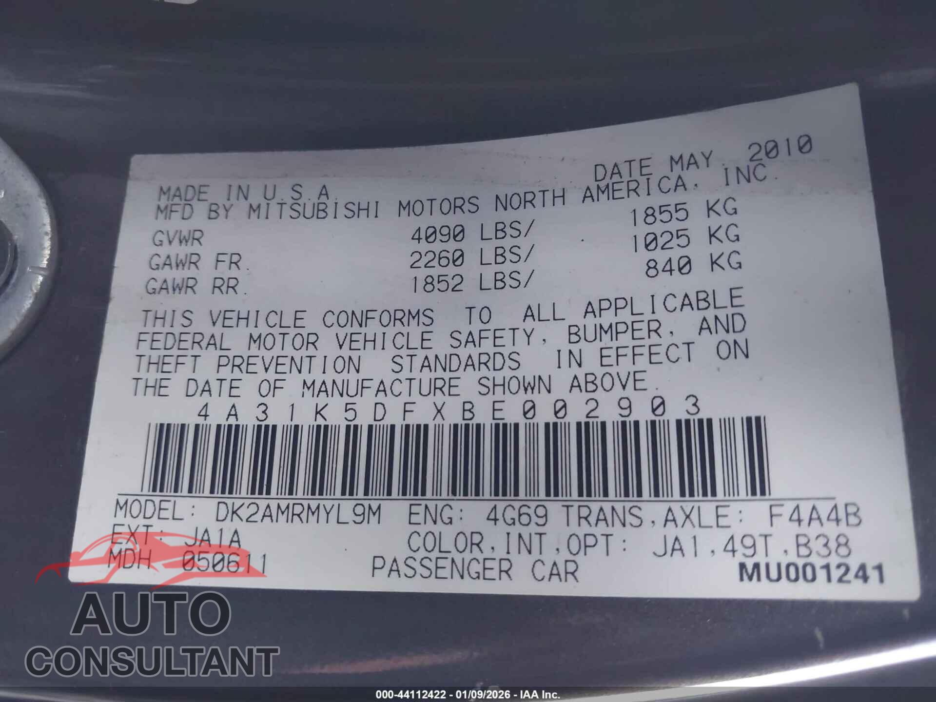 MITSUBISHI ECLIPSE 2011 - 4A31K5DFXBE002903