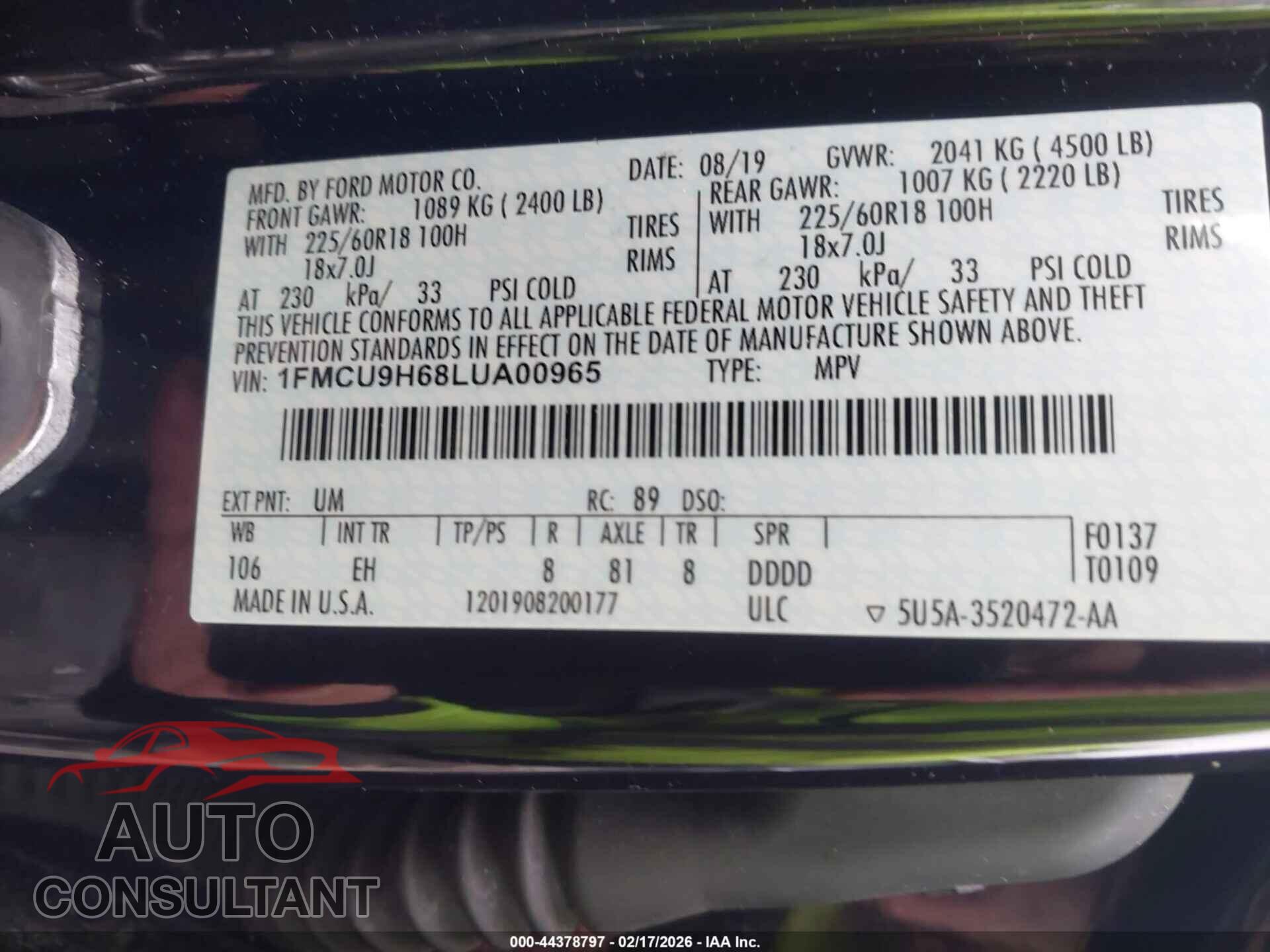 FORD ESCAPE 2020 - 1FMCU9H68LUA00965