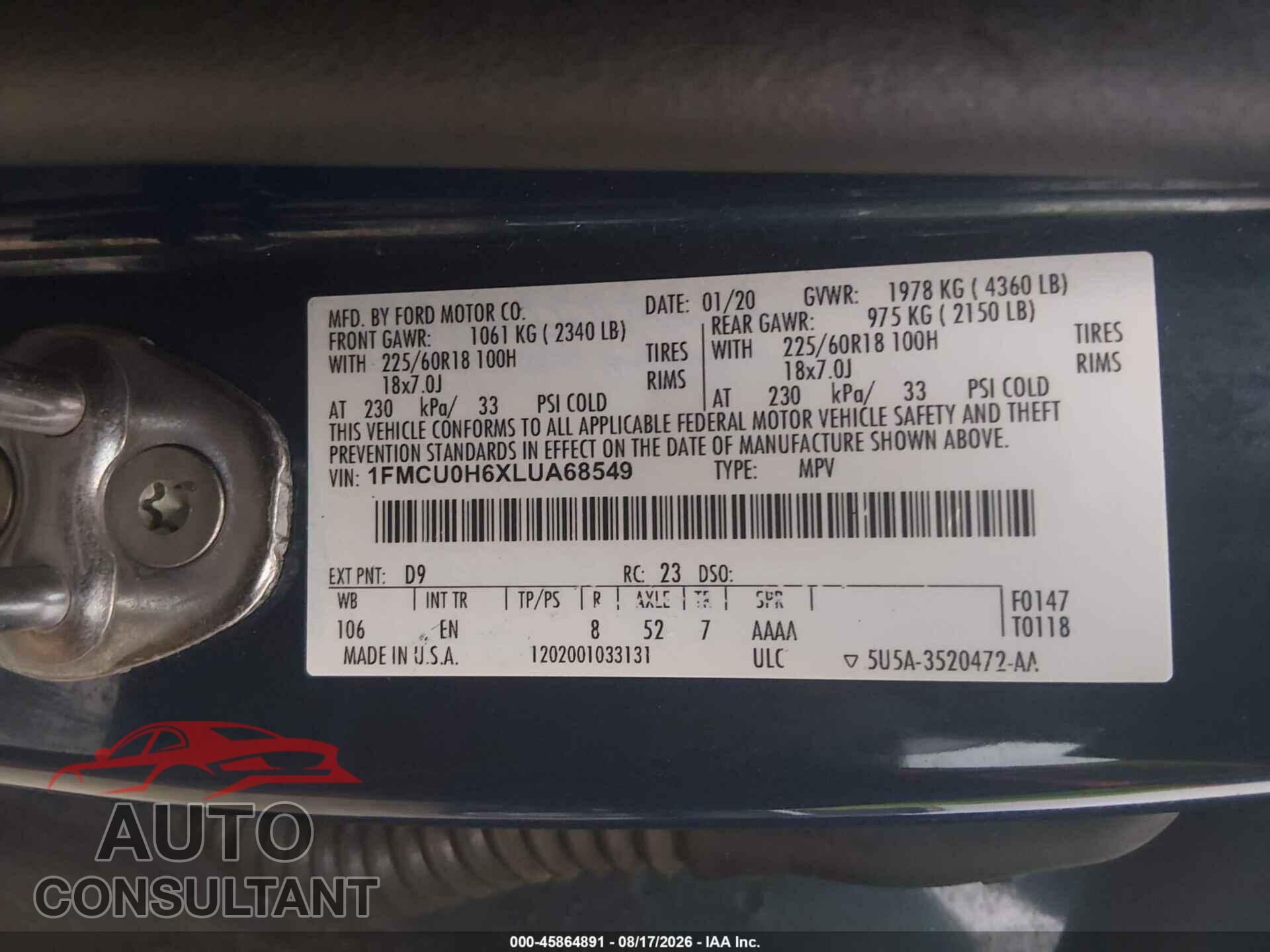 FORD ESCAPE 2020 - 1FMCU0H6XLUA68549