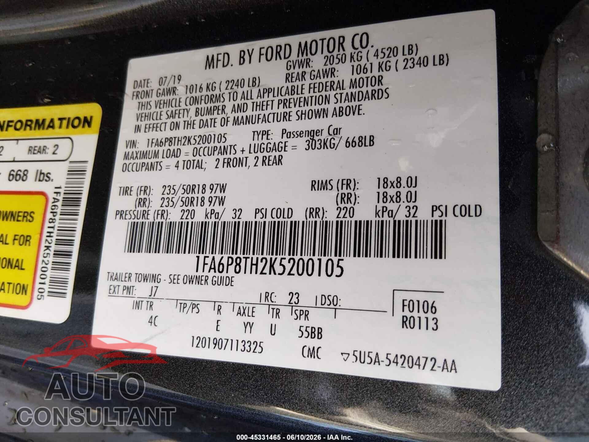 FORD MUSTANG 2019 - 1FA6P8TH2K5200105