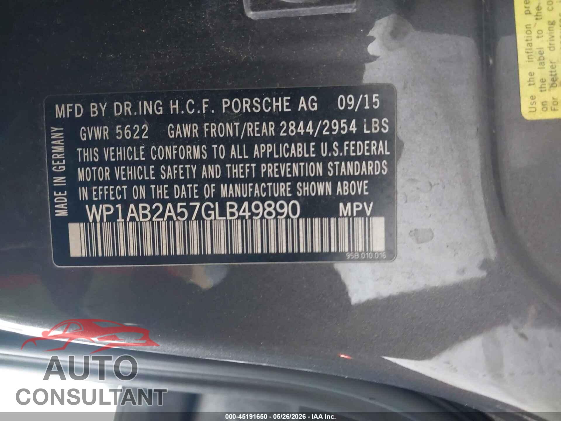 PORSCHE MACAN 2016 - WP1AB2A57GLB49890
