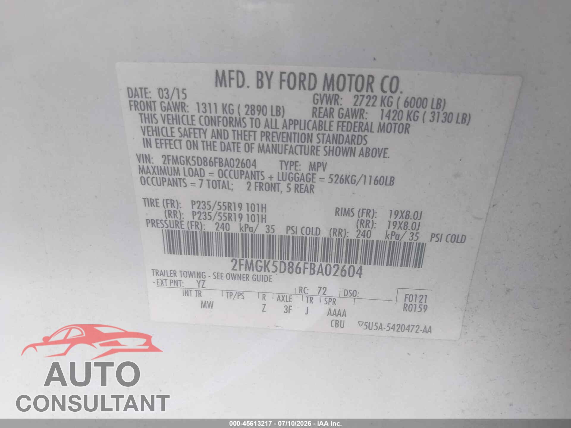 FORD FLEX 2015 - 2FMGK5D86FBA02604