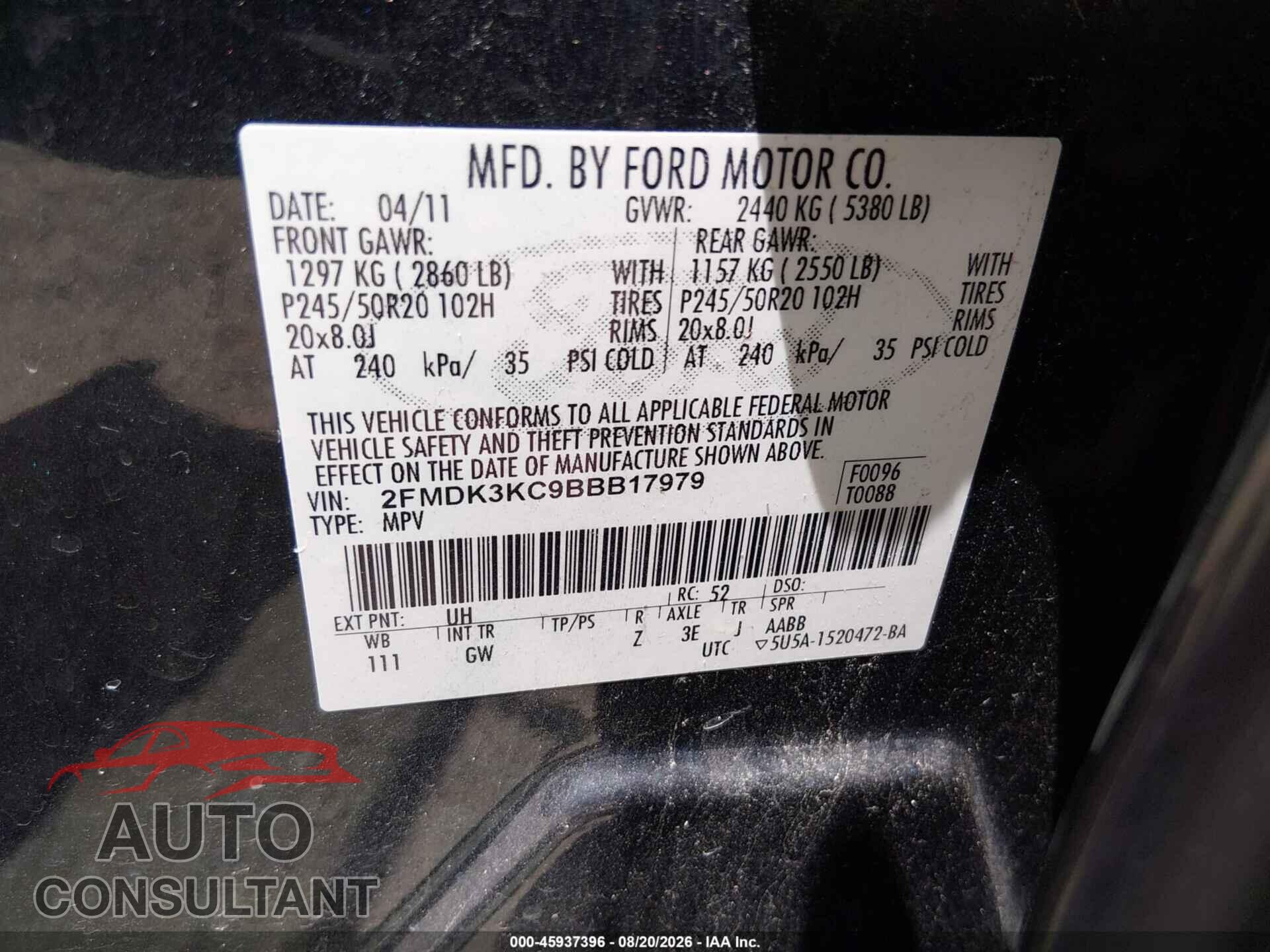 FORD EDGE 2011 - 2FMDK3KC9BBB17979