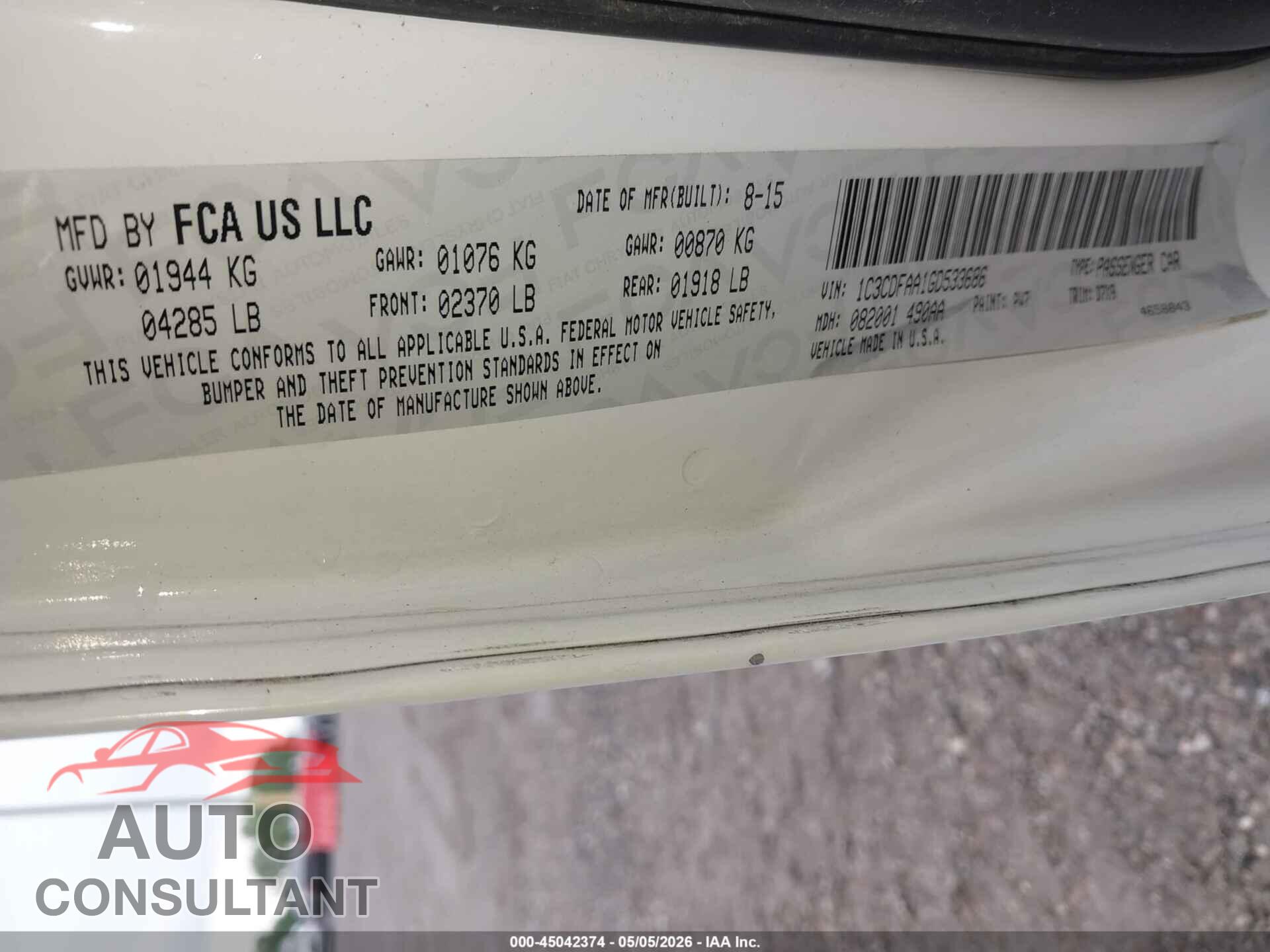 DODGE DART 2016 - 1C3CDFAA1GD533686