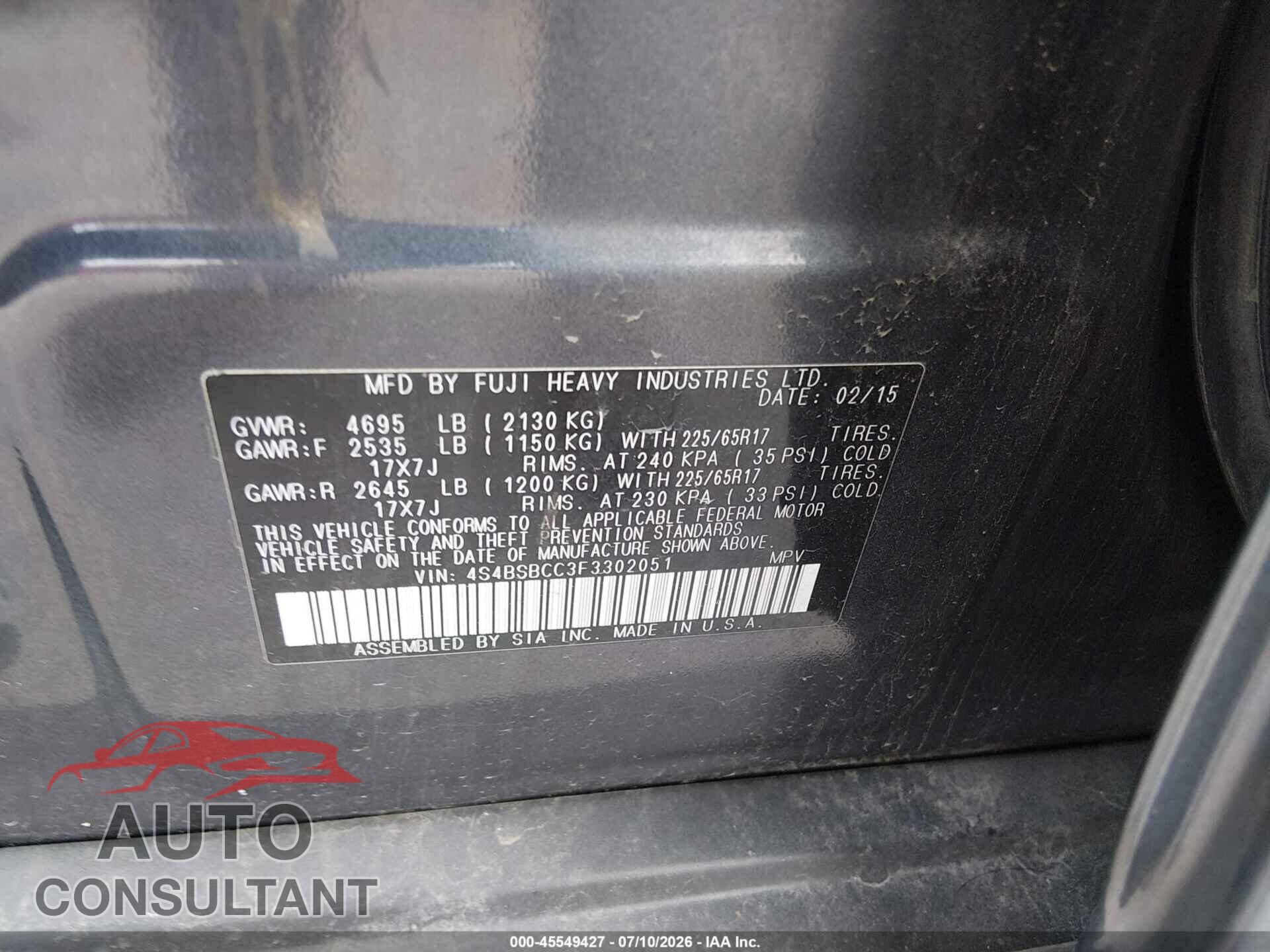 SUBARU OUTBACK 2015 - 4S4BSBCC3F3302051