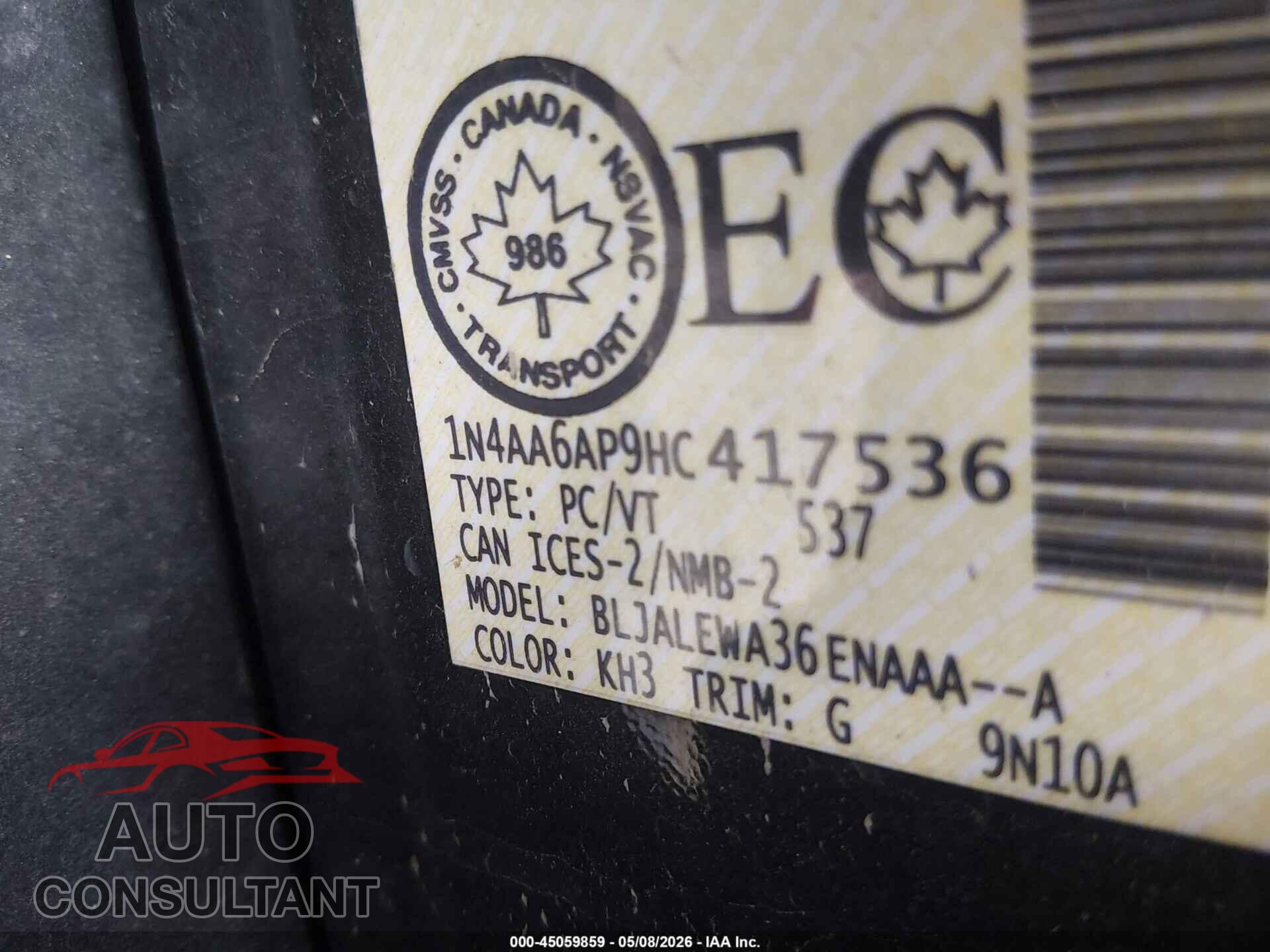 NISSAN MAXIMA 2017 - 1N4AA6AP9HC417536