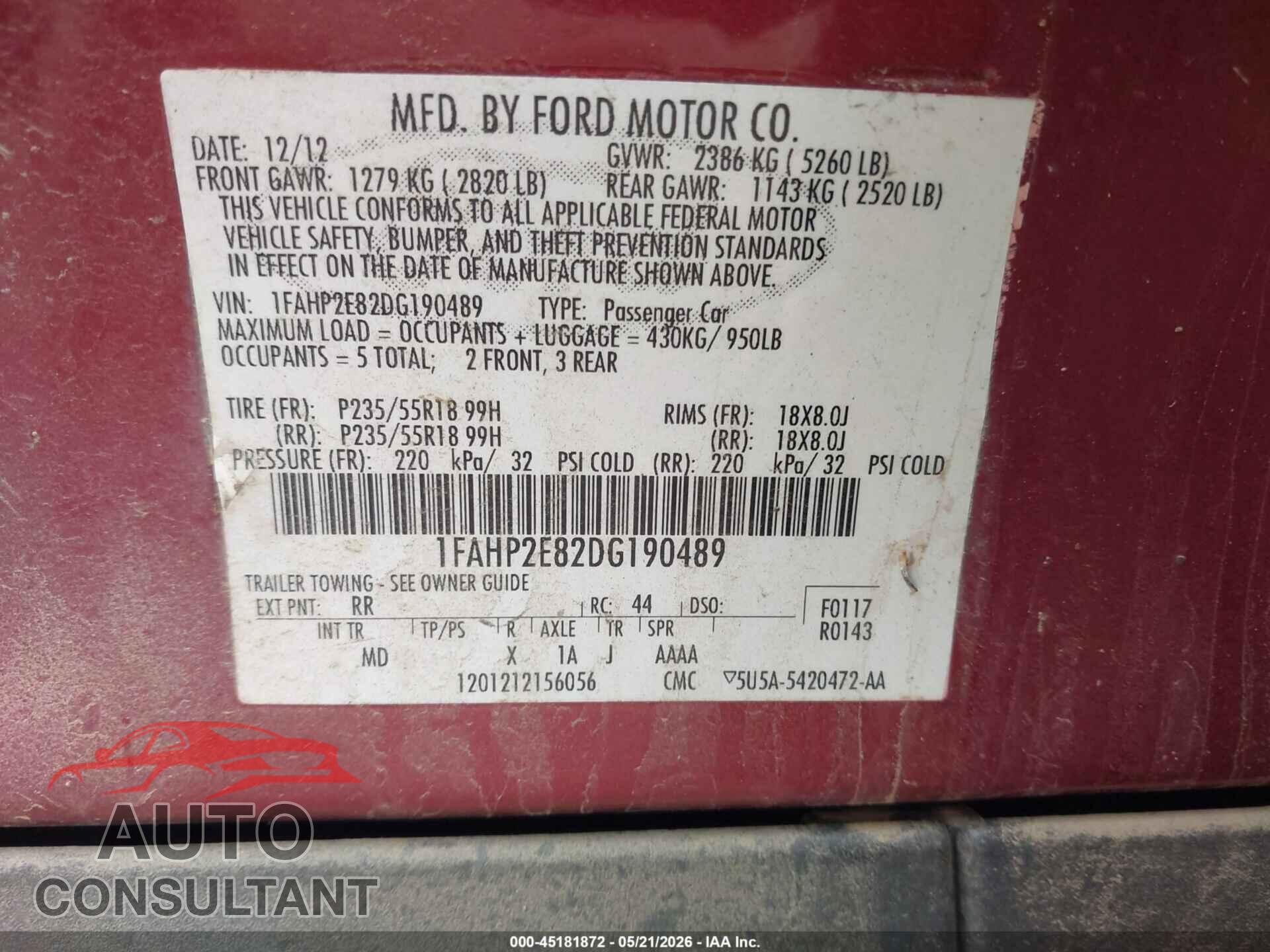 FORD TAURUS 2013 - 1FAHP2E82DG190489