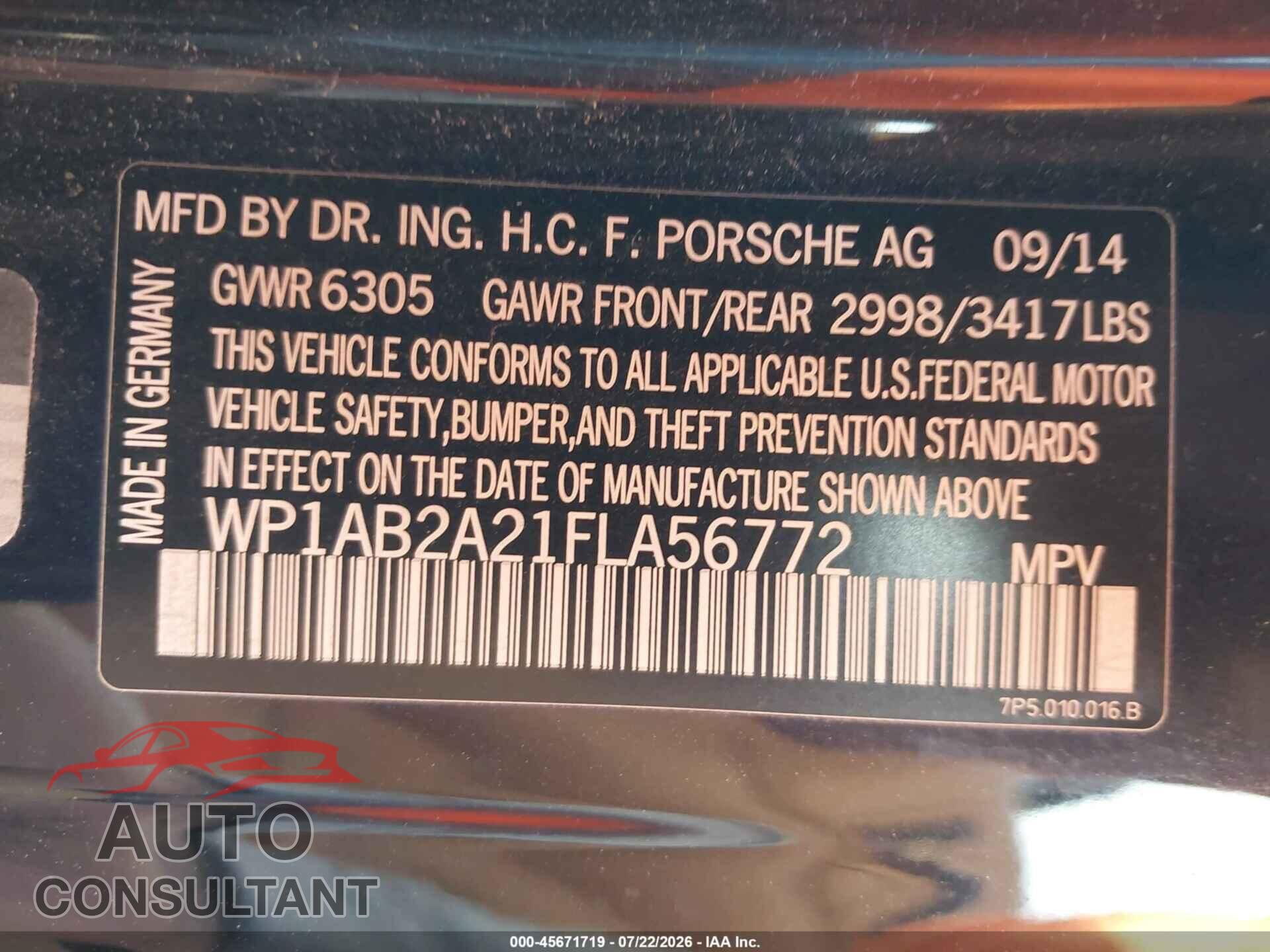 PORSCHE CAYENNE 2015 - WP1AB2A21FLA56772