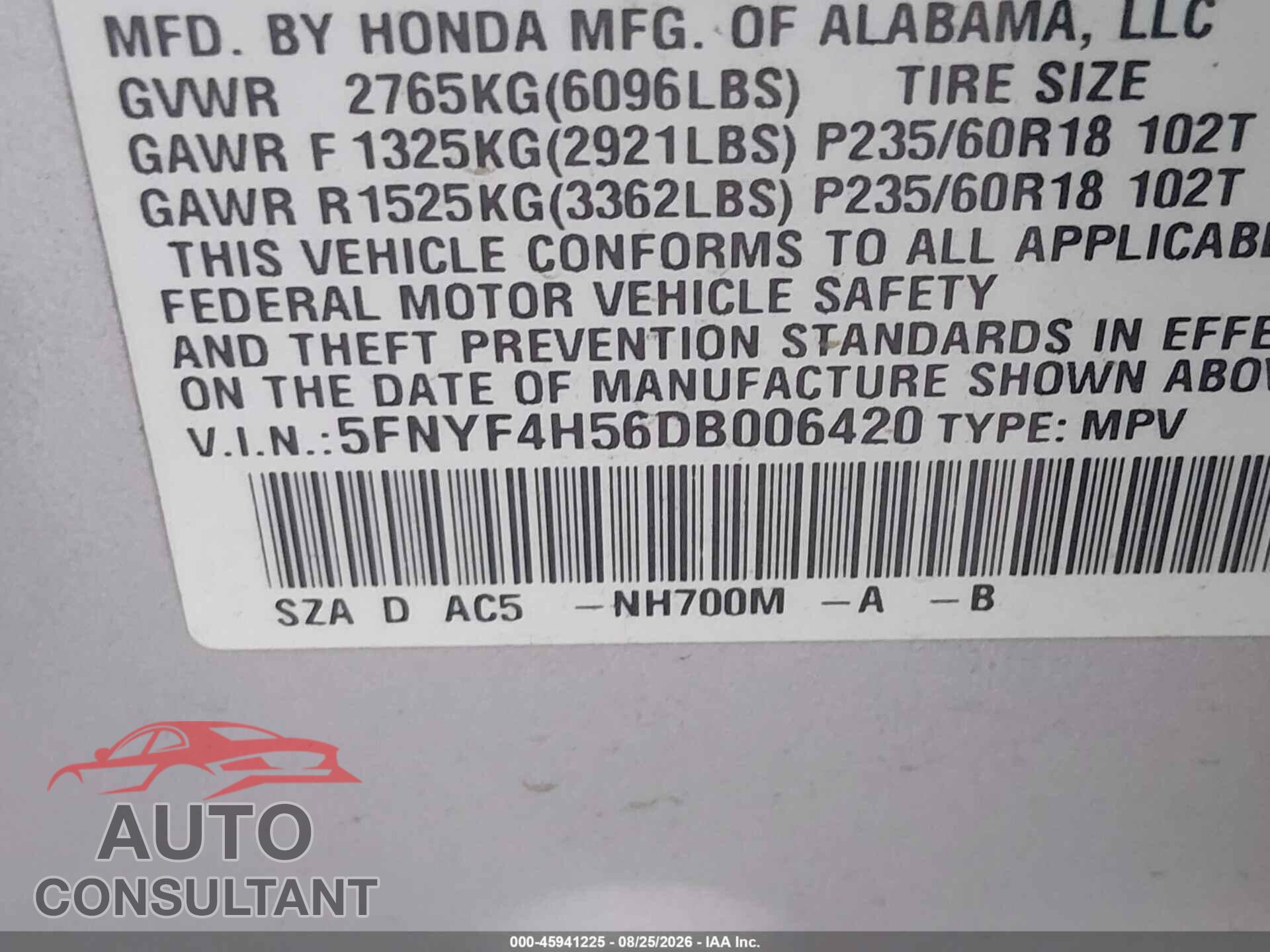 HONDA PILOT 2013 - 5FNYF4H56DB006420