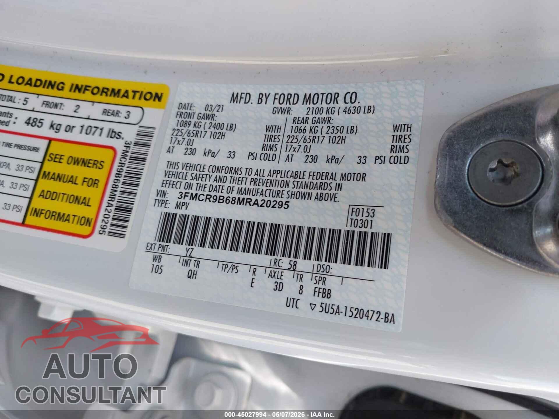 FORD BRONCO SPORT 2021 - 3FMCR9B68MRA20295
