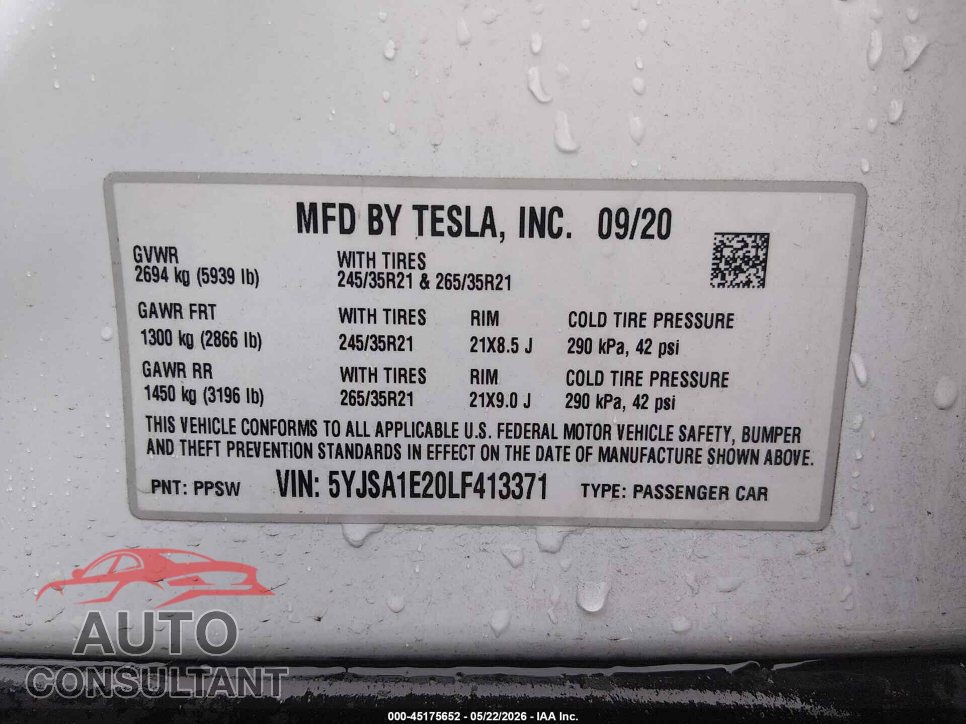 TESLA MODEL S 2020 - 5YJSA1E20LF413371