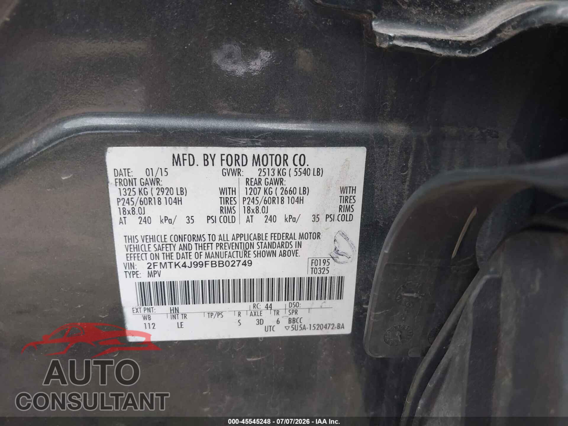 FORD EDGE 2015 - 2FMTK4J99FBB02749