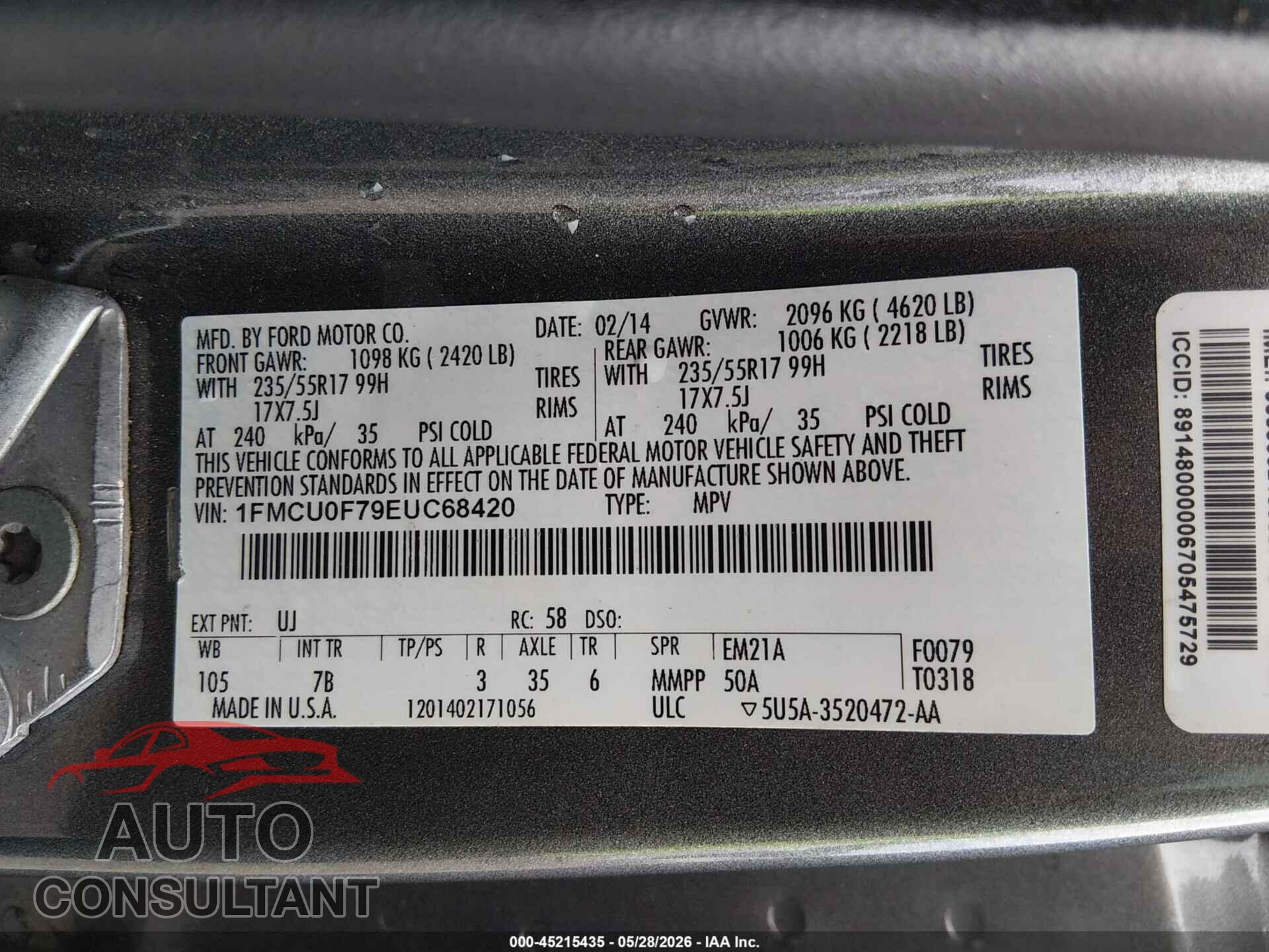 FORD ESCAPE 2014 - 1FMCU0F79EUC68420