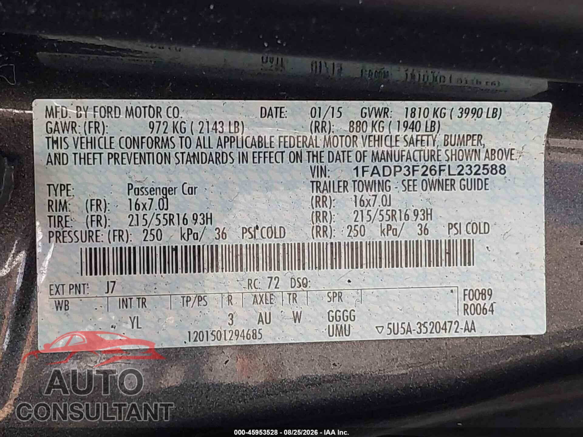 FORD FOCUS 2015 - 1FADP3F26FL232588