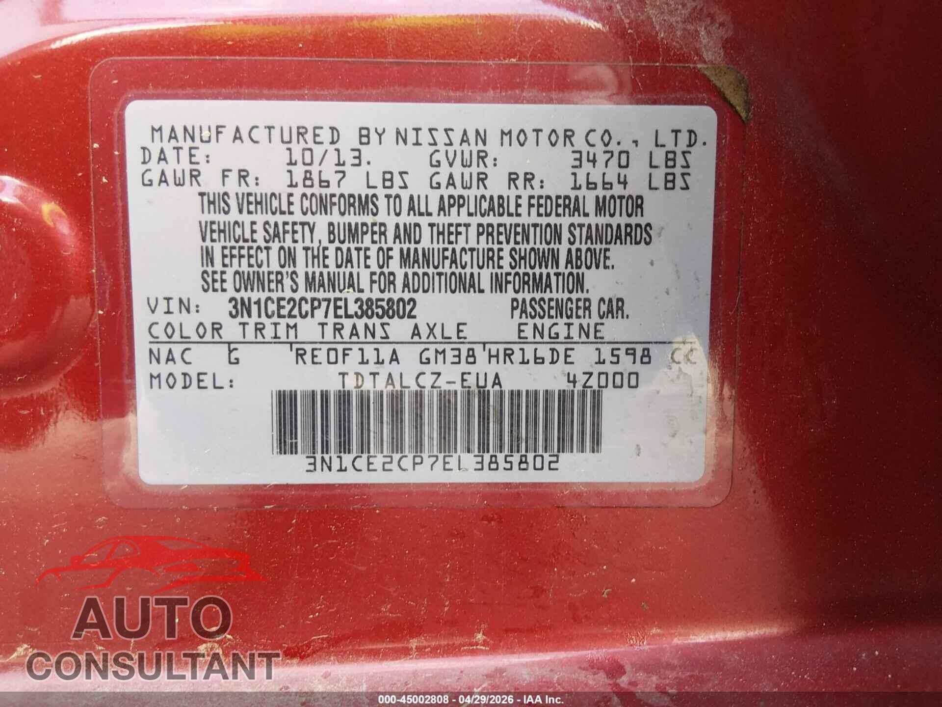 NISSAN VERSA NOTE 2014 - 3N1CE2CP7EL385802