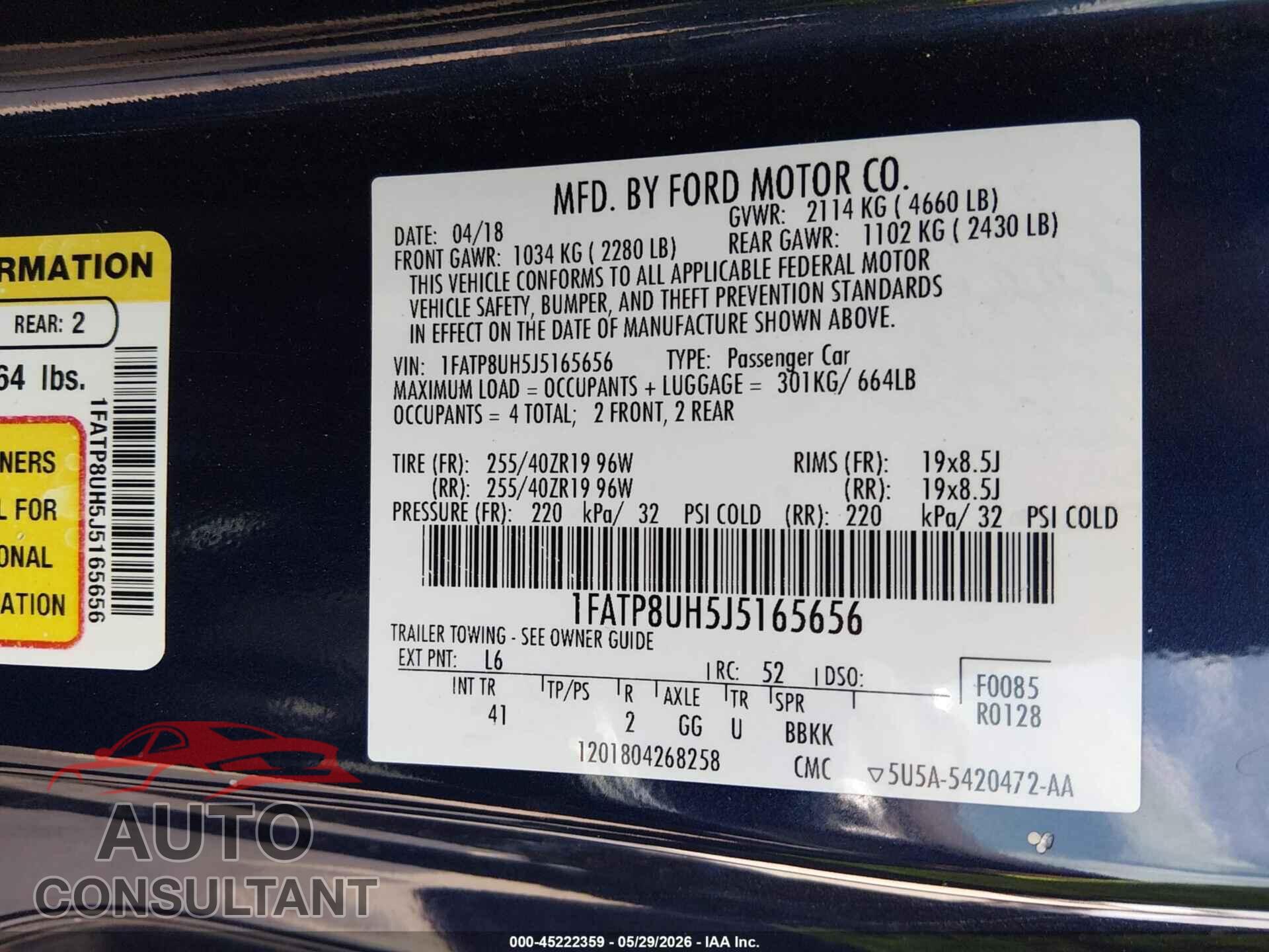 FORD MUSTANG 2018 - 1FATP8UH5J5165656