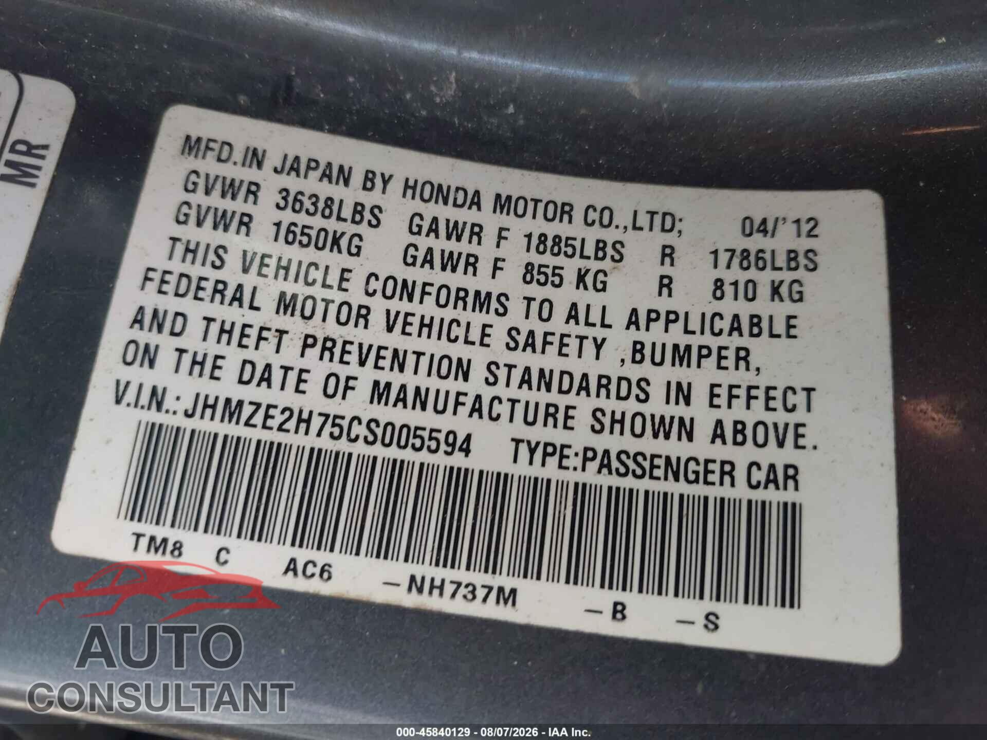 HONDA INSIGHT 2012 - JHMZE2H75CS005594