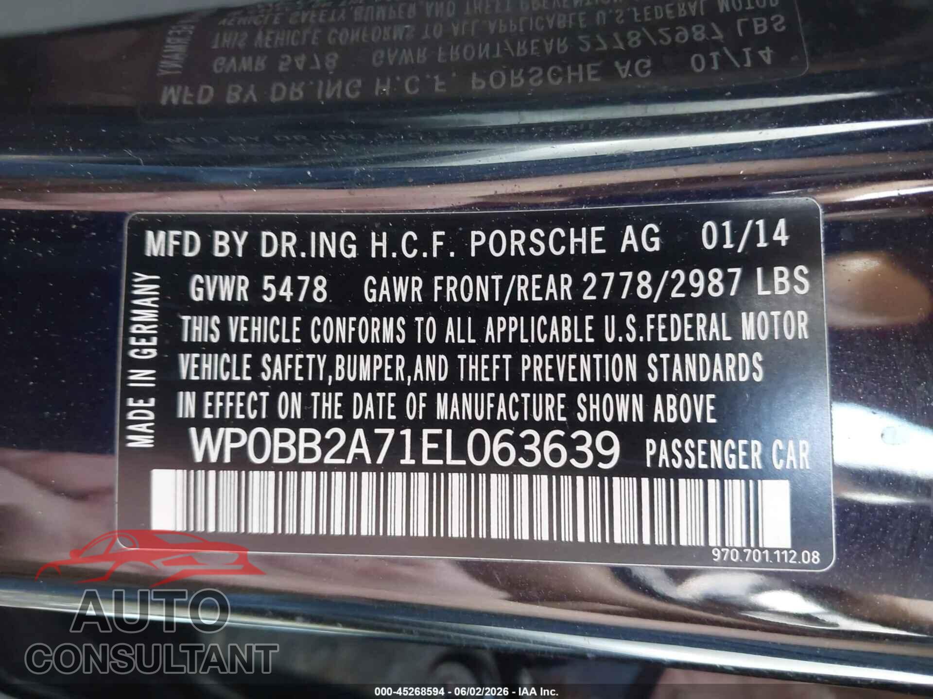 PORSCHE PANAMERA 2014 - WP0BB2A71EL063639