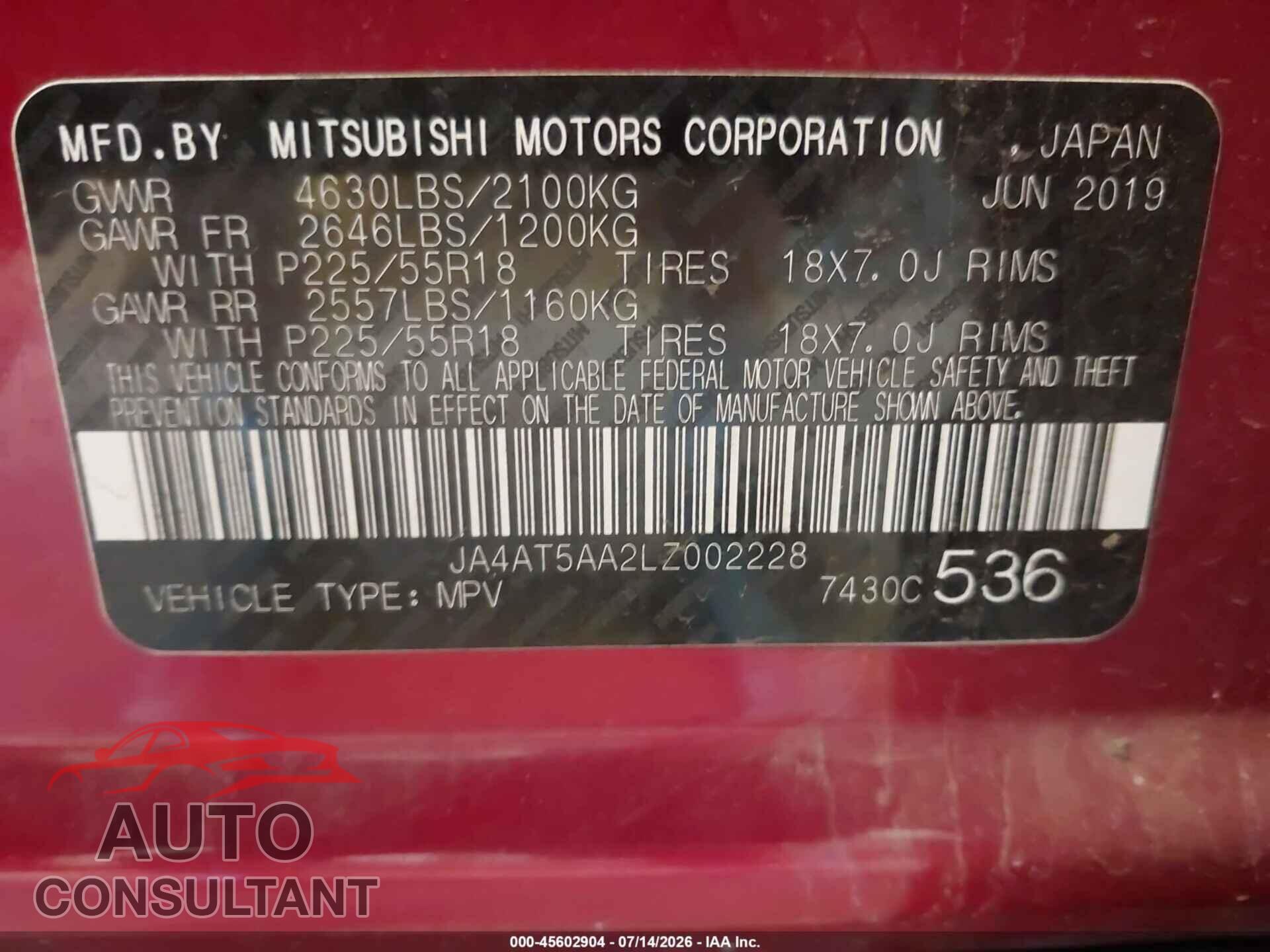 MITSUBISHI ECLIPSE CROSS 2020 - JA4AT5AA2LZ002228