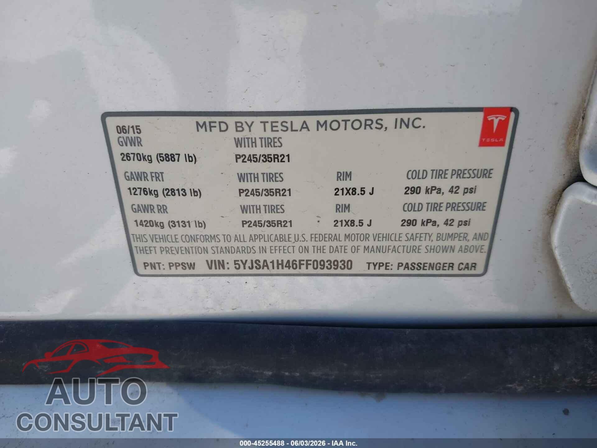 TESLA MODEL S 2015 - 5YJSA1H46FF093930