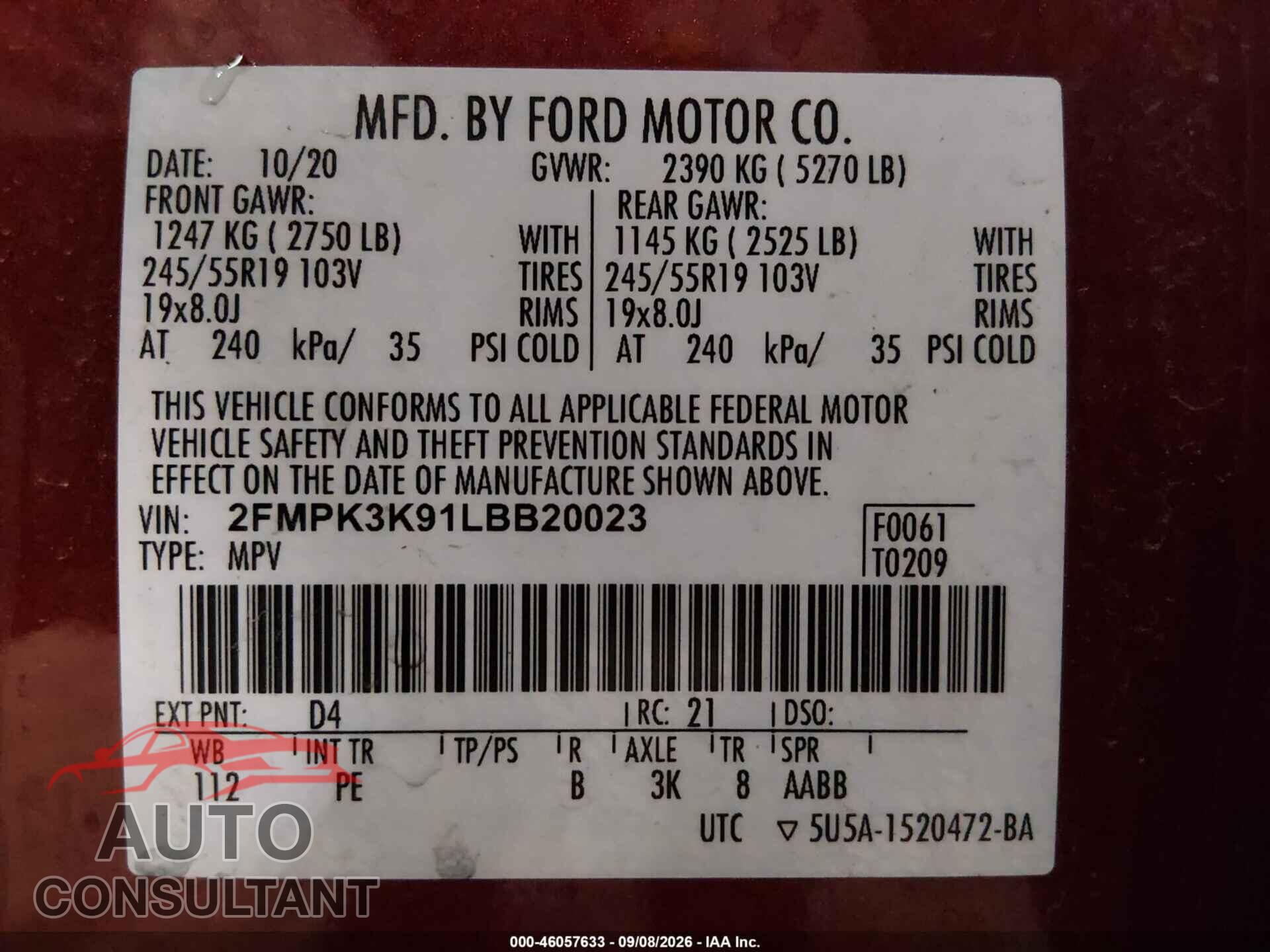 FORD EDGE 2020 - 2FMPK3K91LBB20023