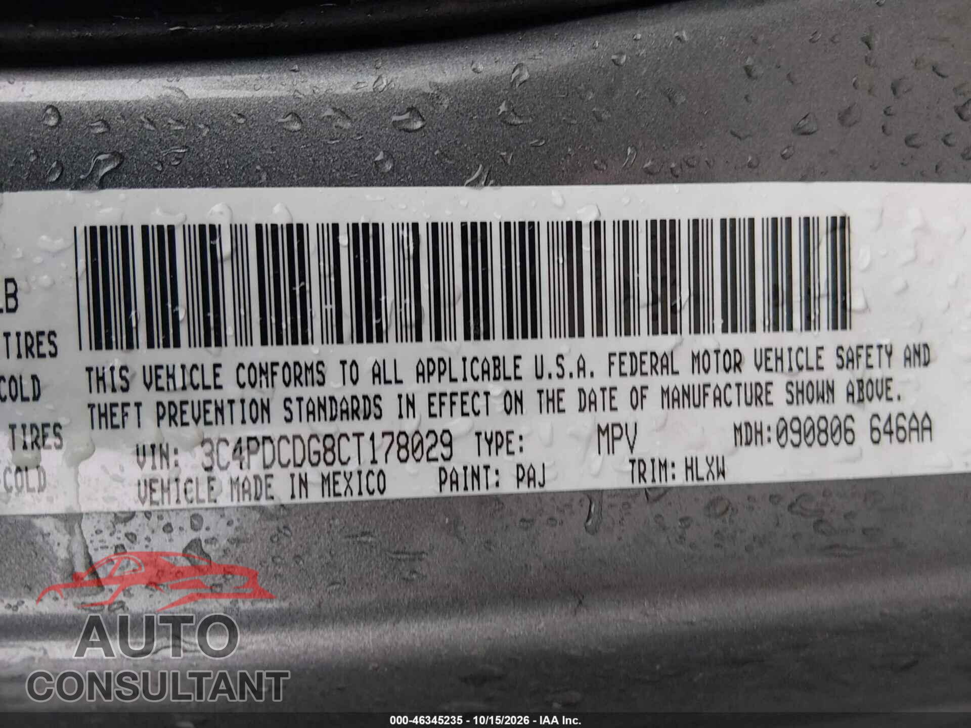 DODGE JOURNEY 2012 - 3C4PDCDG8CT178029