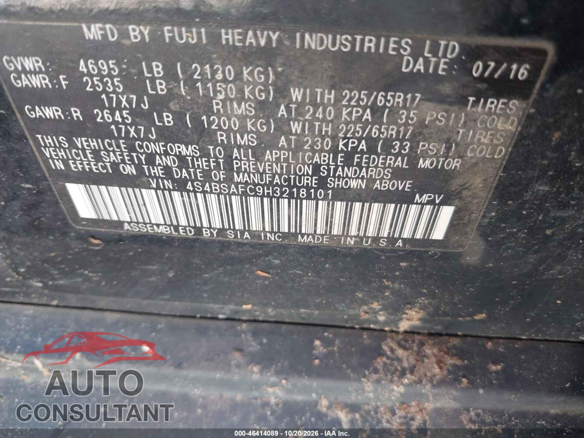 SUBARU OUTBACK 2017 - 4S4BSAFC9H3218101