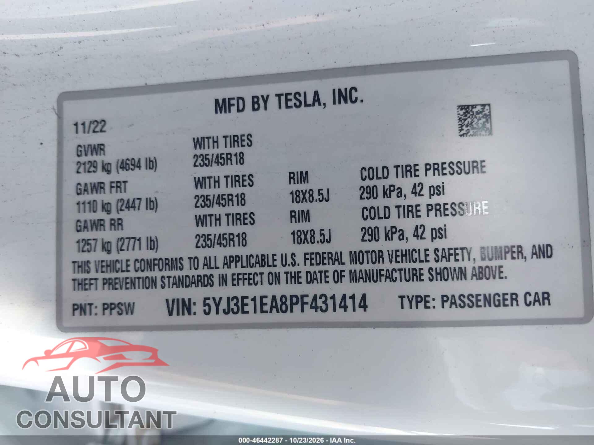 TESLA MODEL 3 2023 - 5YJ3E1EA8PF431414