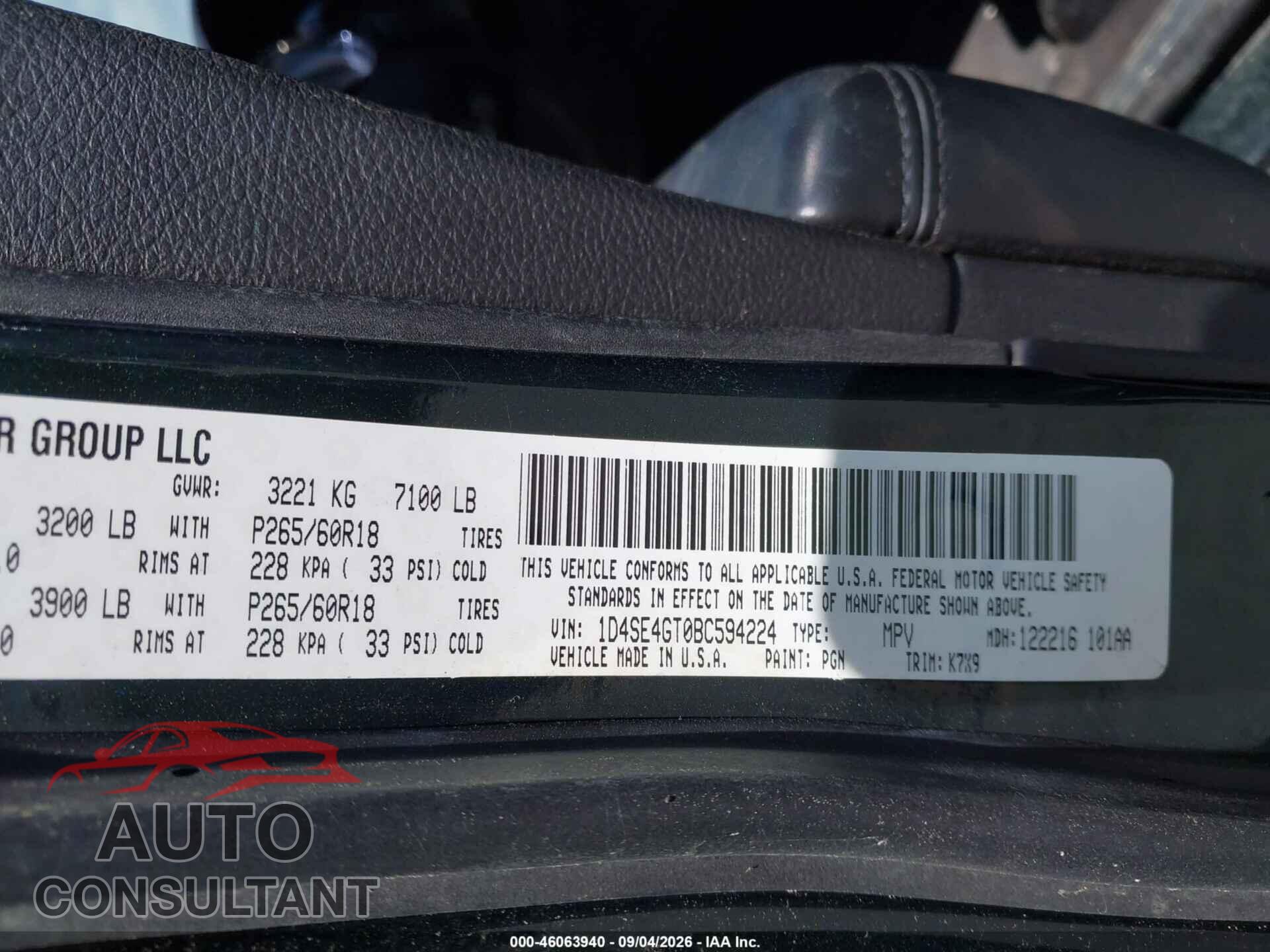 DODGE DURANGO 2011 - 1D4SE4GT0BC594224