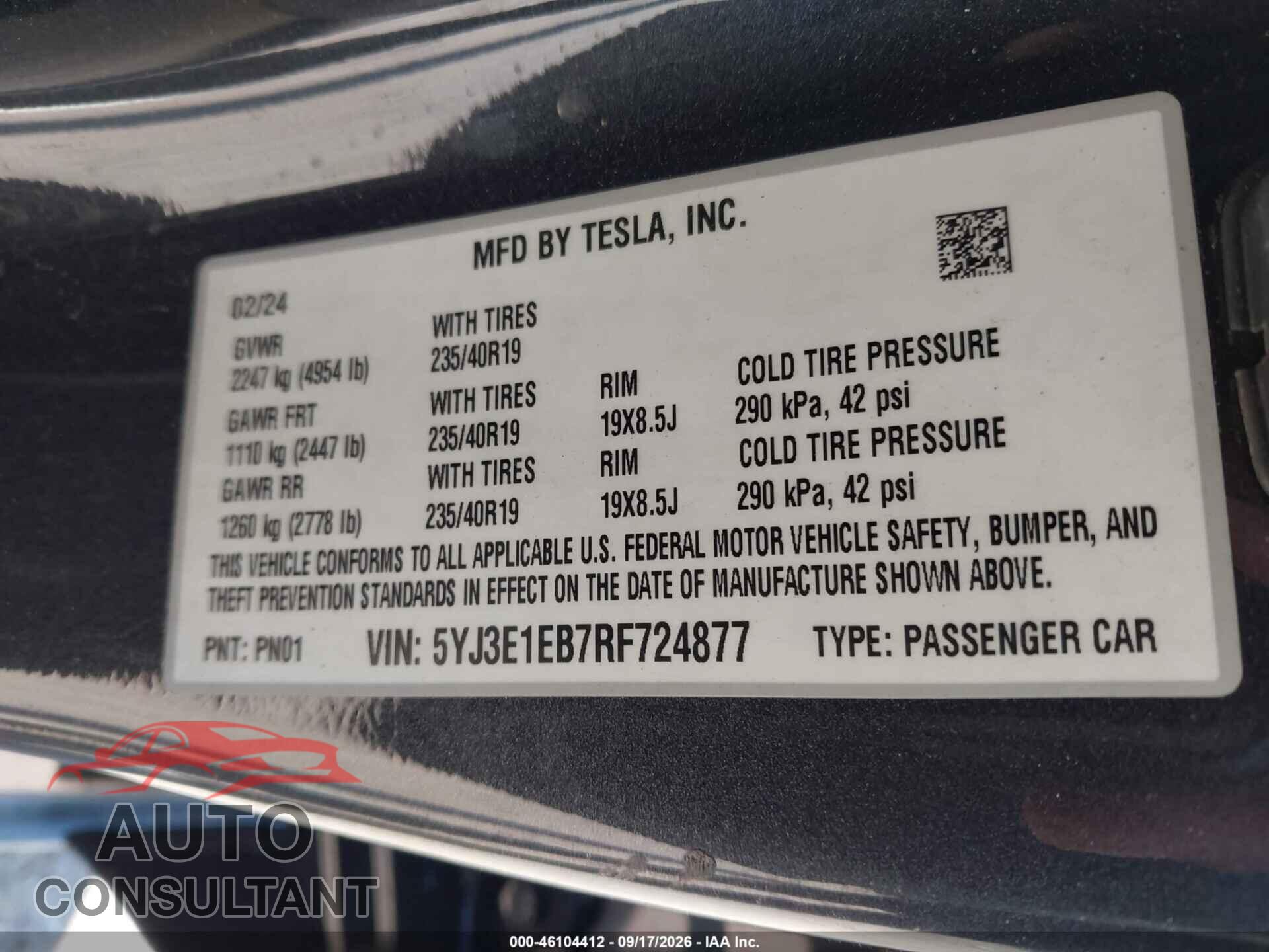 TESLA MODEL 3 2024 - 5YJ3E1EB7RF724877