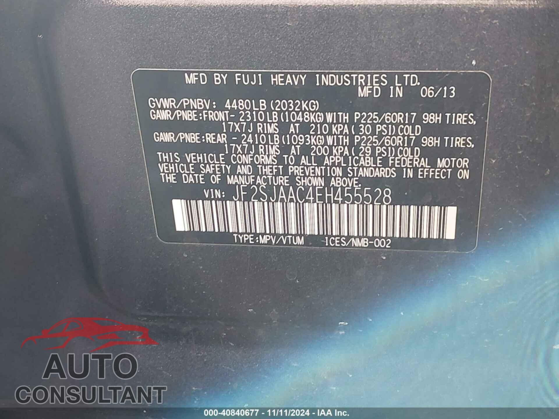 SUBARU FORESTER 2014 - JF2SJAAC4EH455528