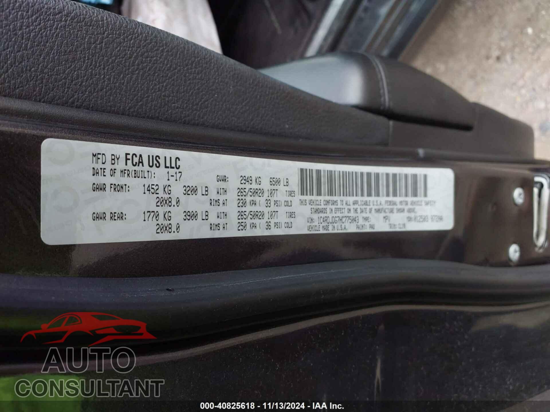 DODGE DURANGO 2017 - 1C4RDJDG7HC775043