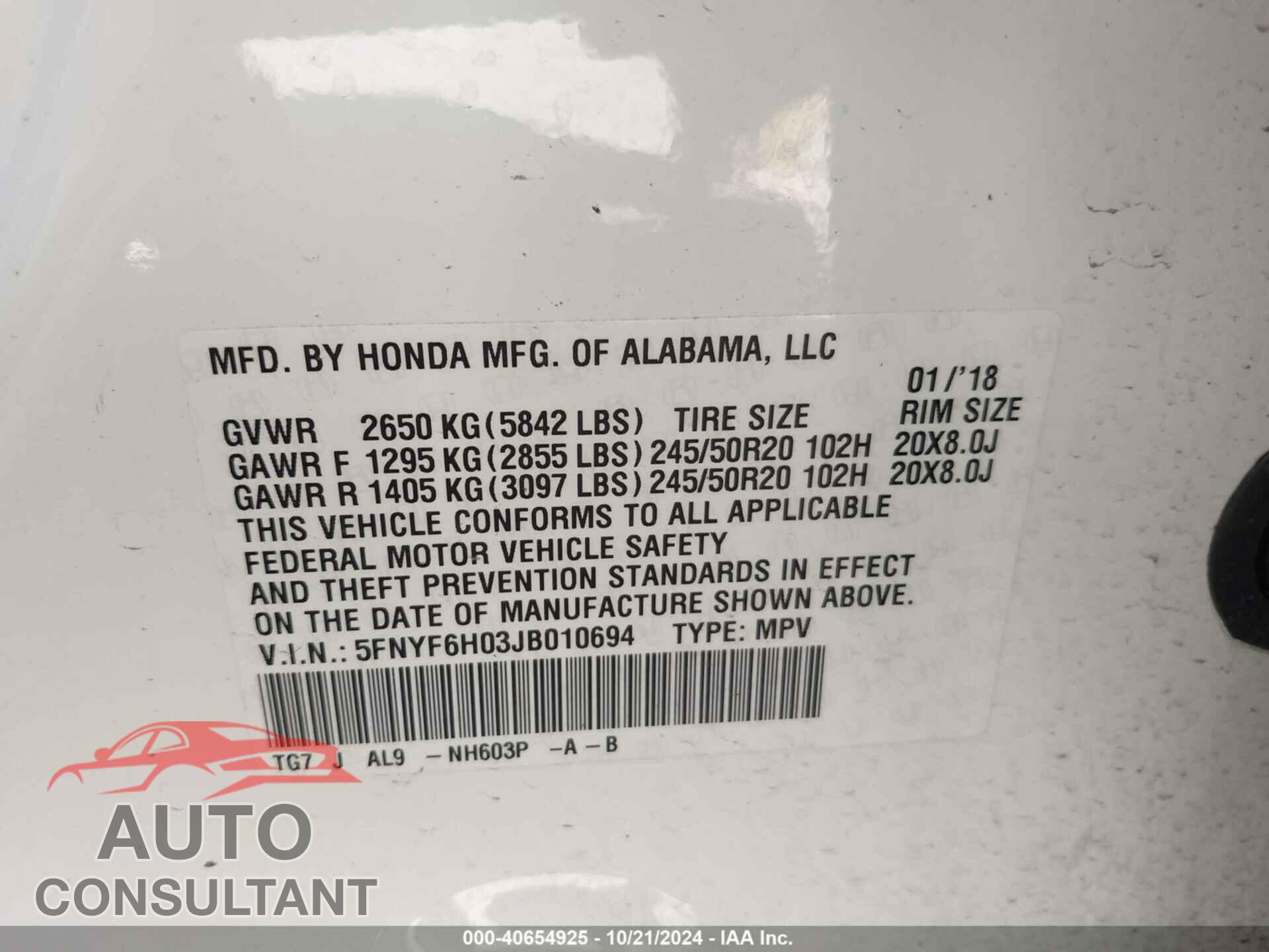 HONDA PILOT 2018 - 5FNYF6H03JB010694