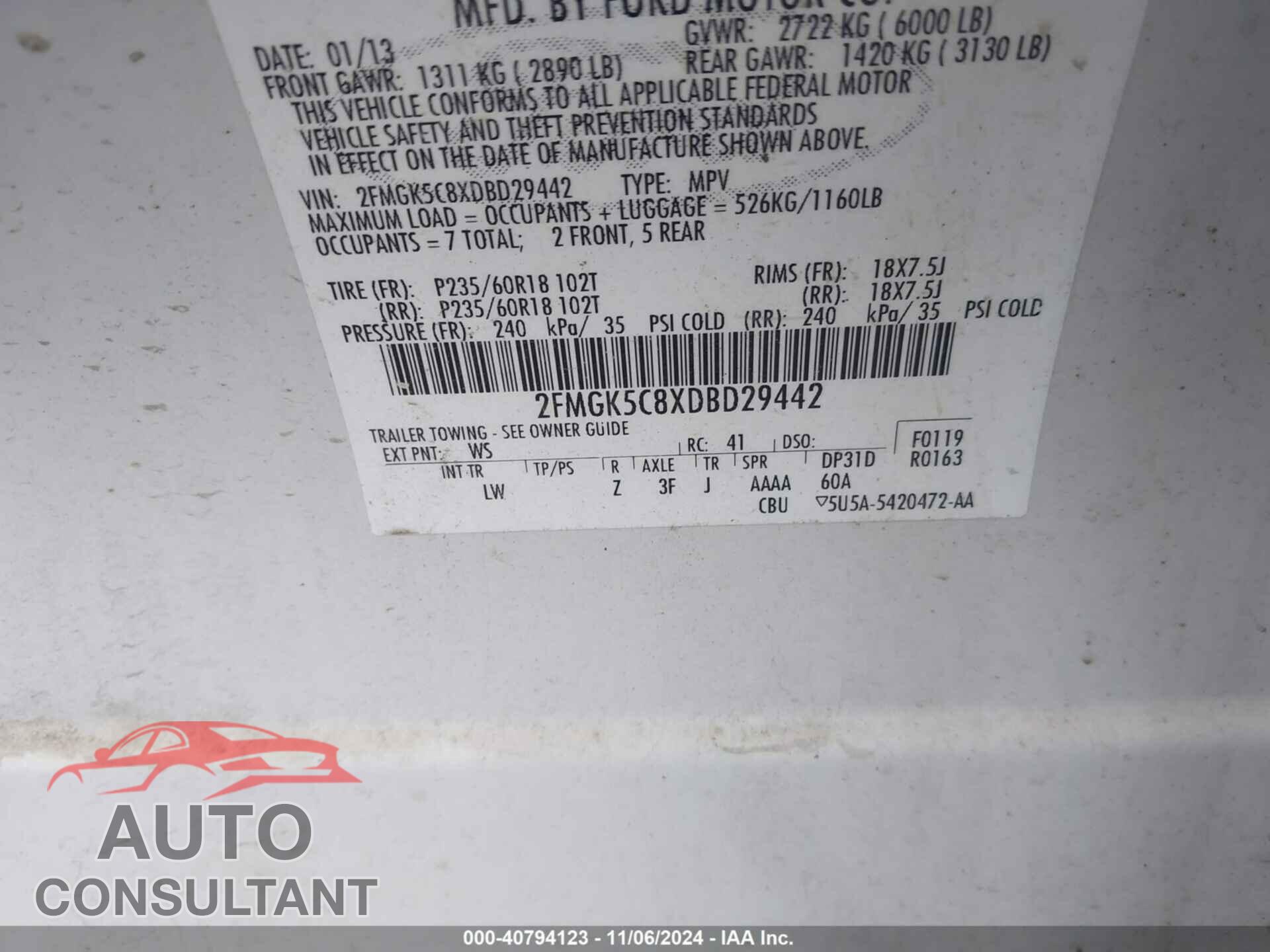 FORD FLEX 2013 - 2FMGK5C8XDBD29442