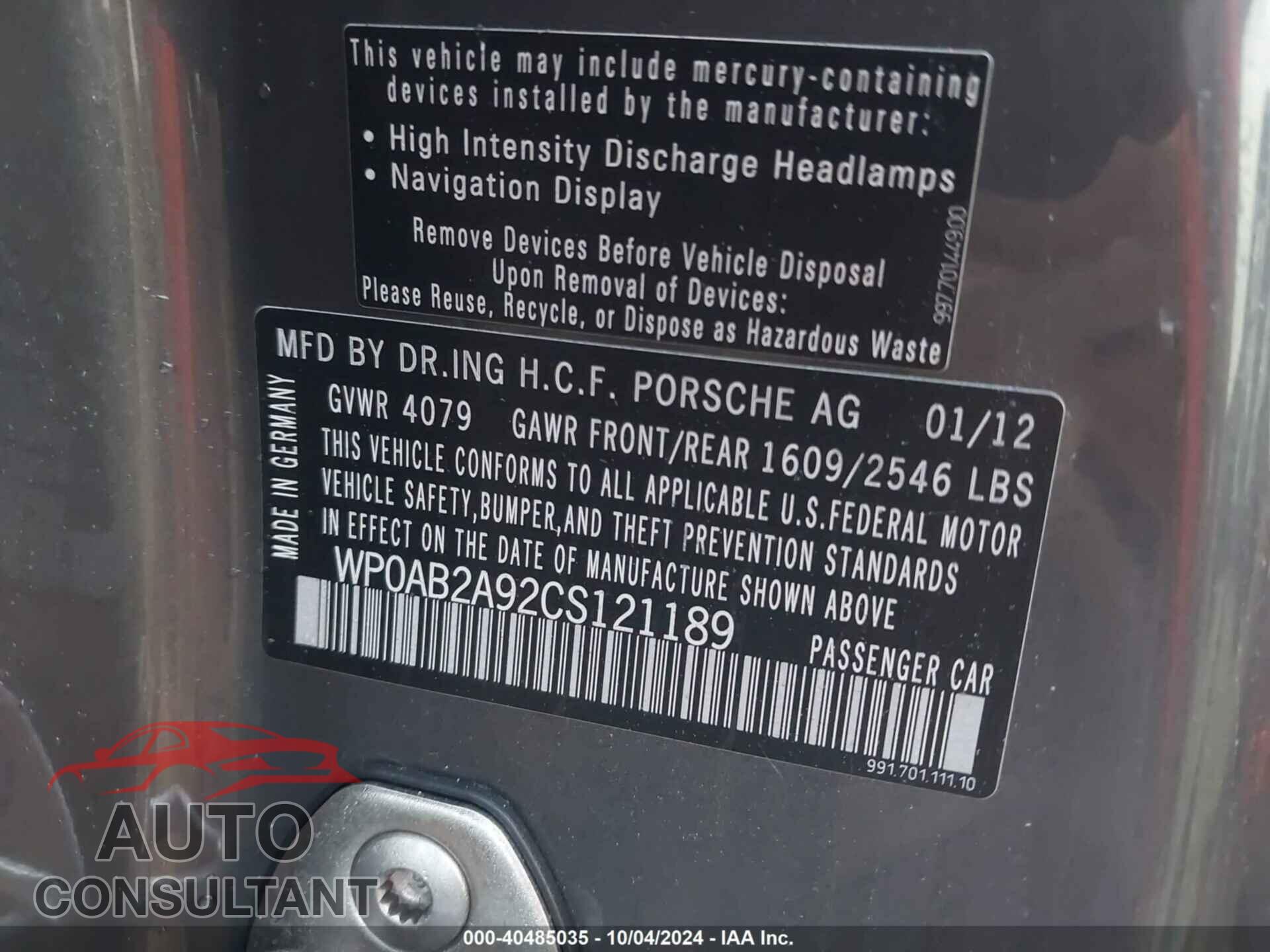 PORSCHE 911 2012 - WP0AB2A92CS121189