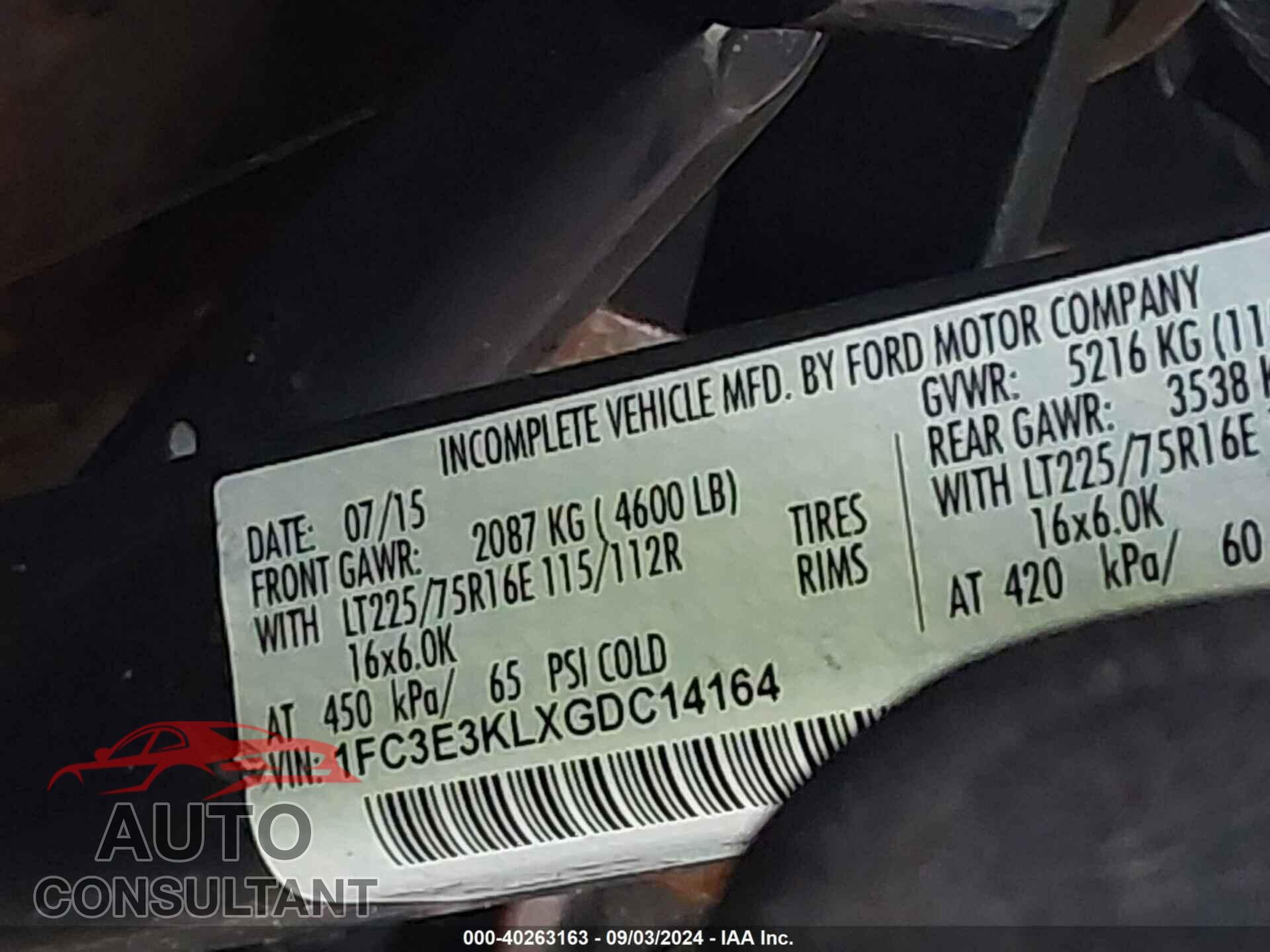 FORD E-350 STRIPPED 2016 - 1FC3E3KLXGDC14164