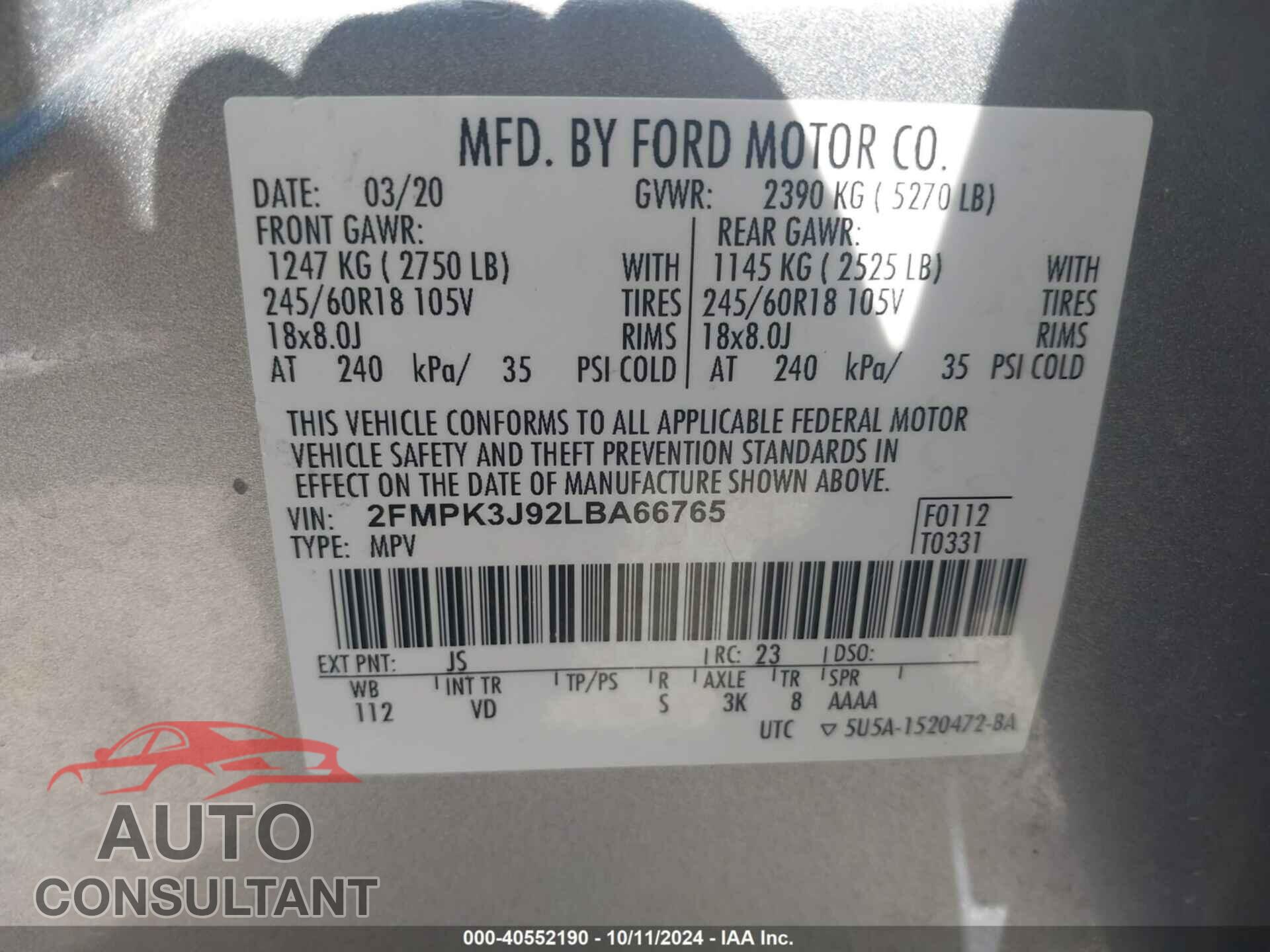 FORD EDGE 2020 - 2FMPK3J92LBA66765