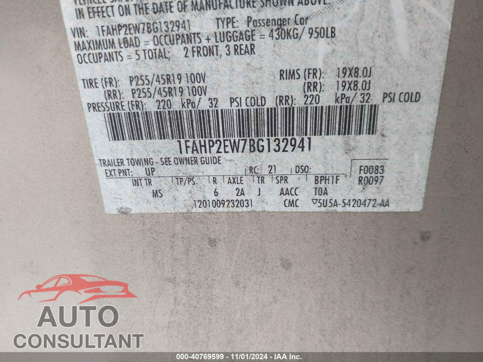 FORD TAURUS 2011 - 1FAHP2EW7BG132941