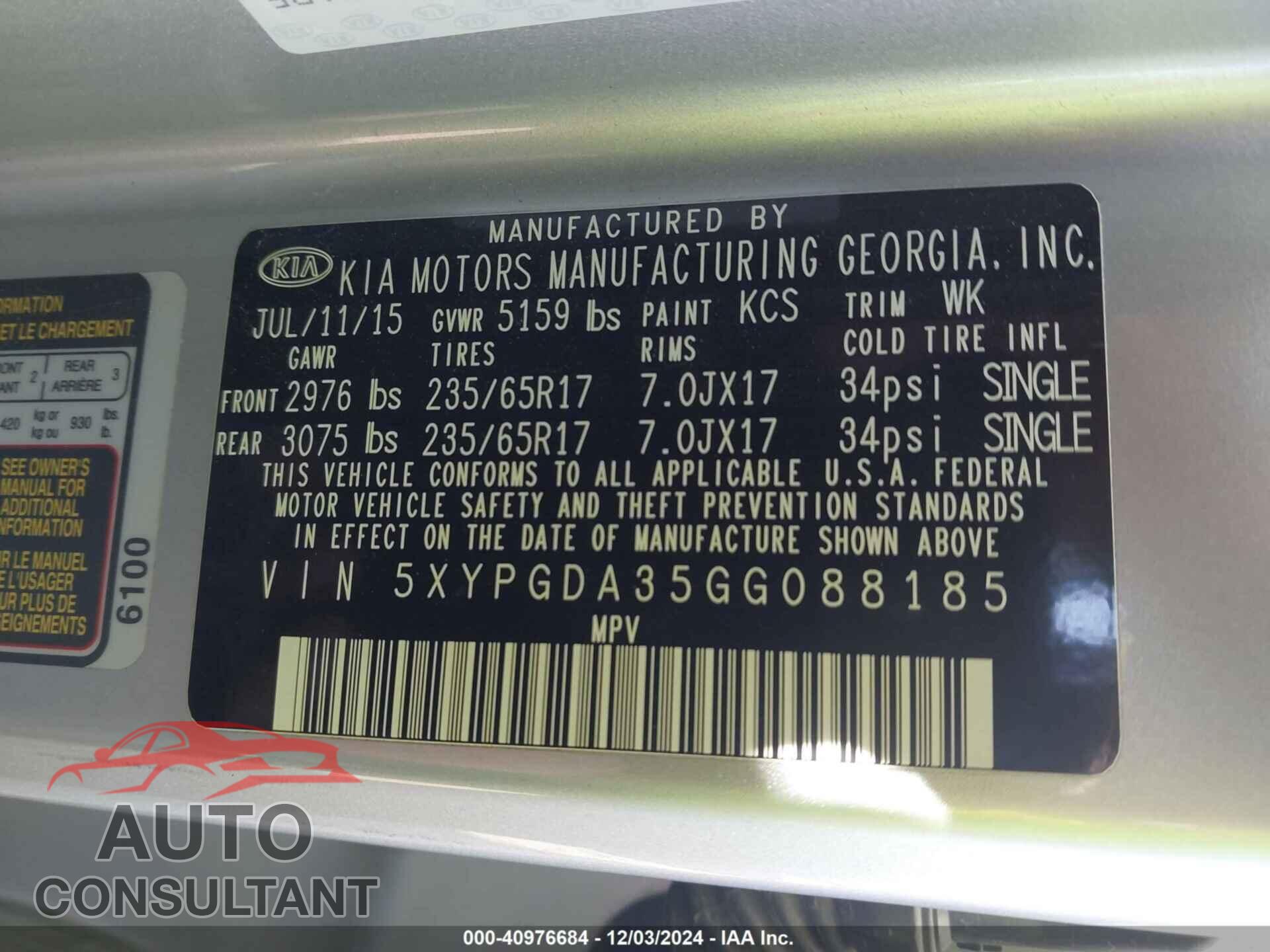 KIA SORENTO 2016 - 5XYPGDA35GG088185