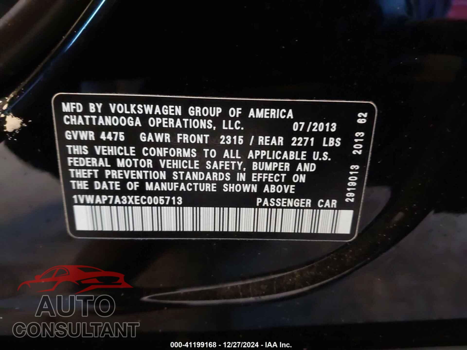 VOLKSWAGEN PASSAT 2014 - 1VWAP7A3XEC005713