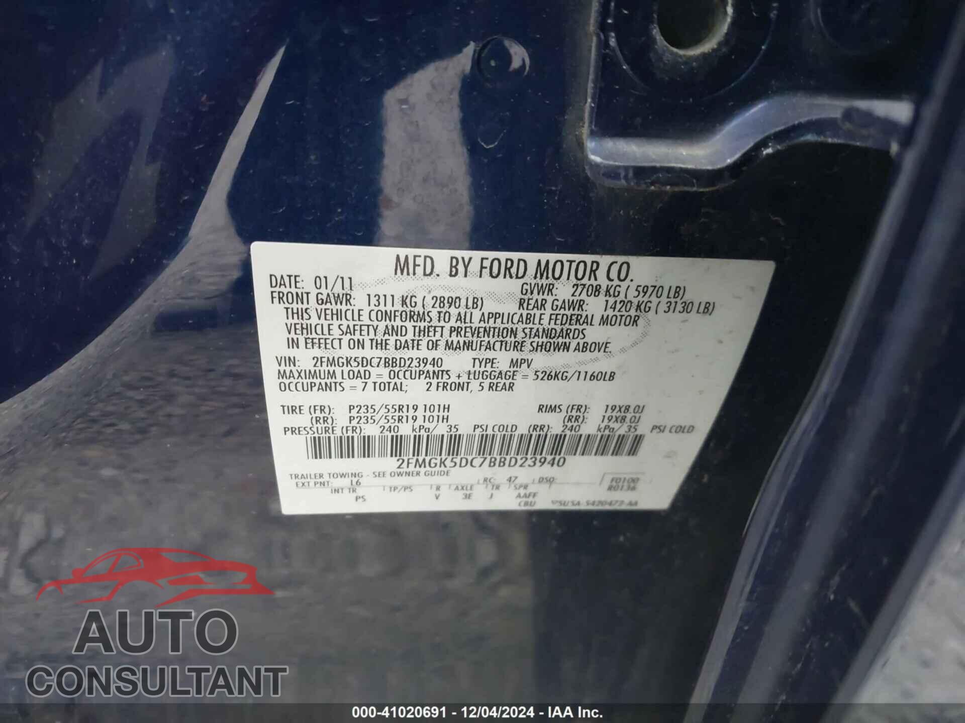 FORD FLEX 2011 - 2FMGK5DC7BBD23940