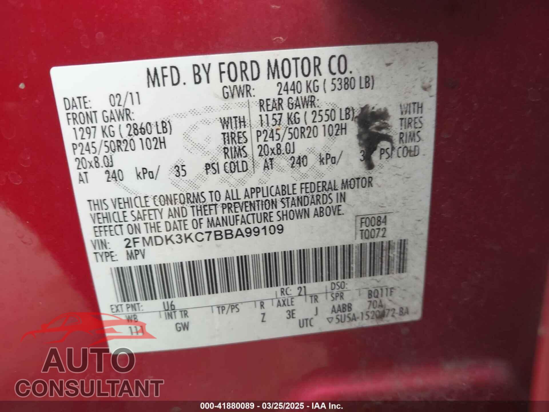FORD EDGE 2011 - 2FMDK3KC7BBA99109