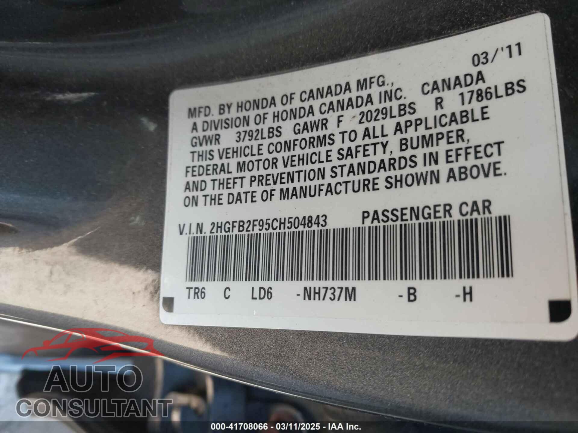 HONDA CIVIC 2012 - 2HGFB2F95CH504843