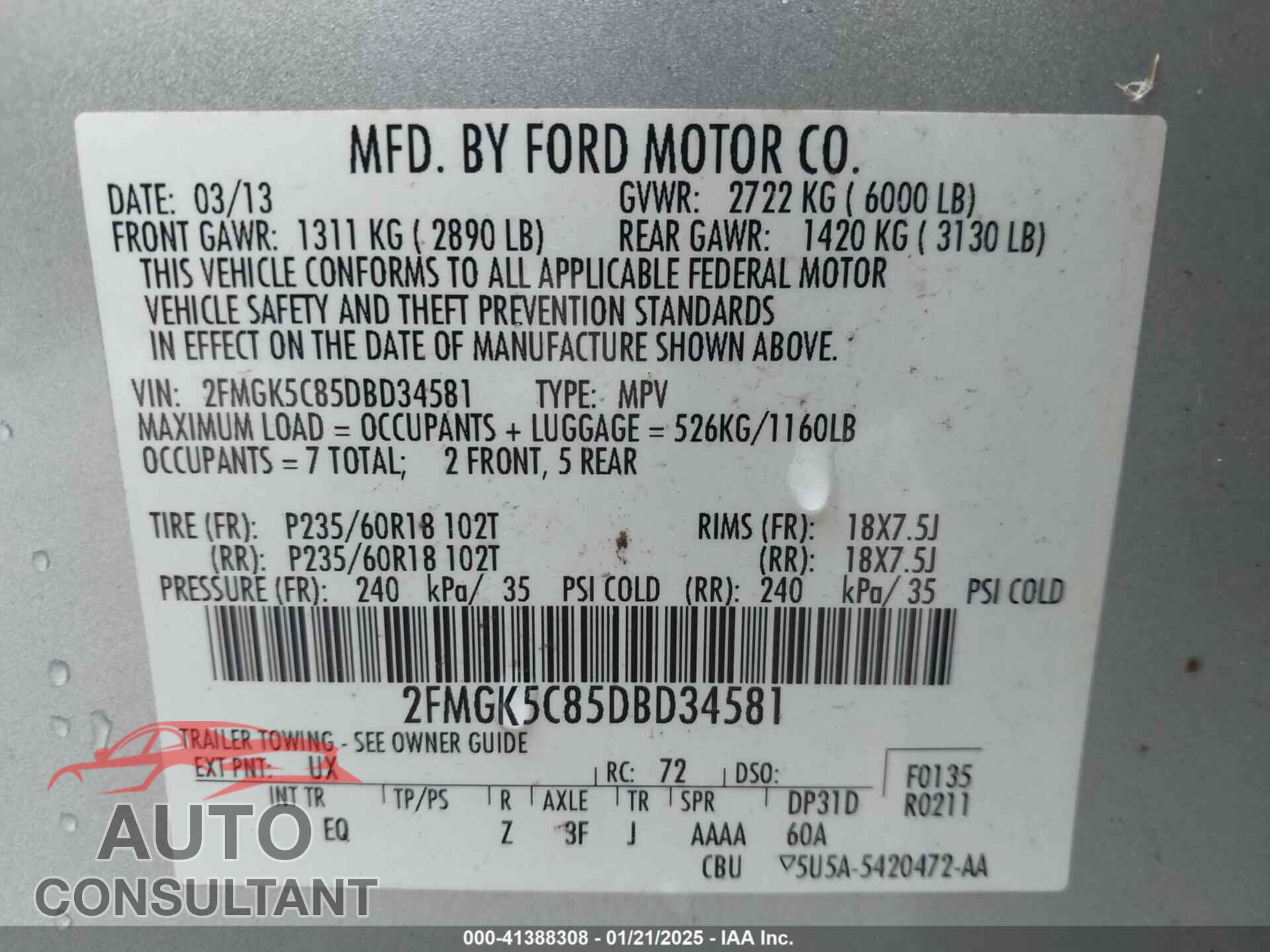 FORD FLEX 2013 - 2FMGK5C85DBD34581