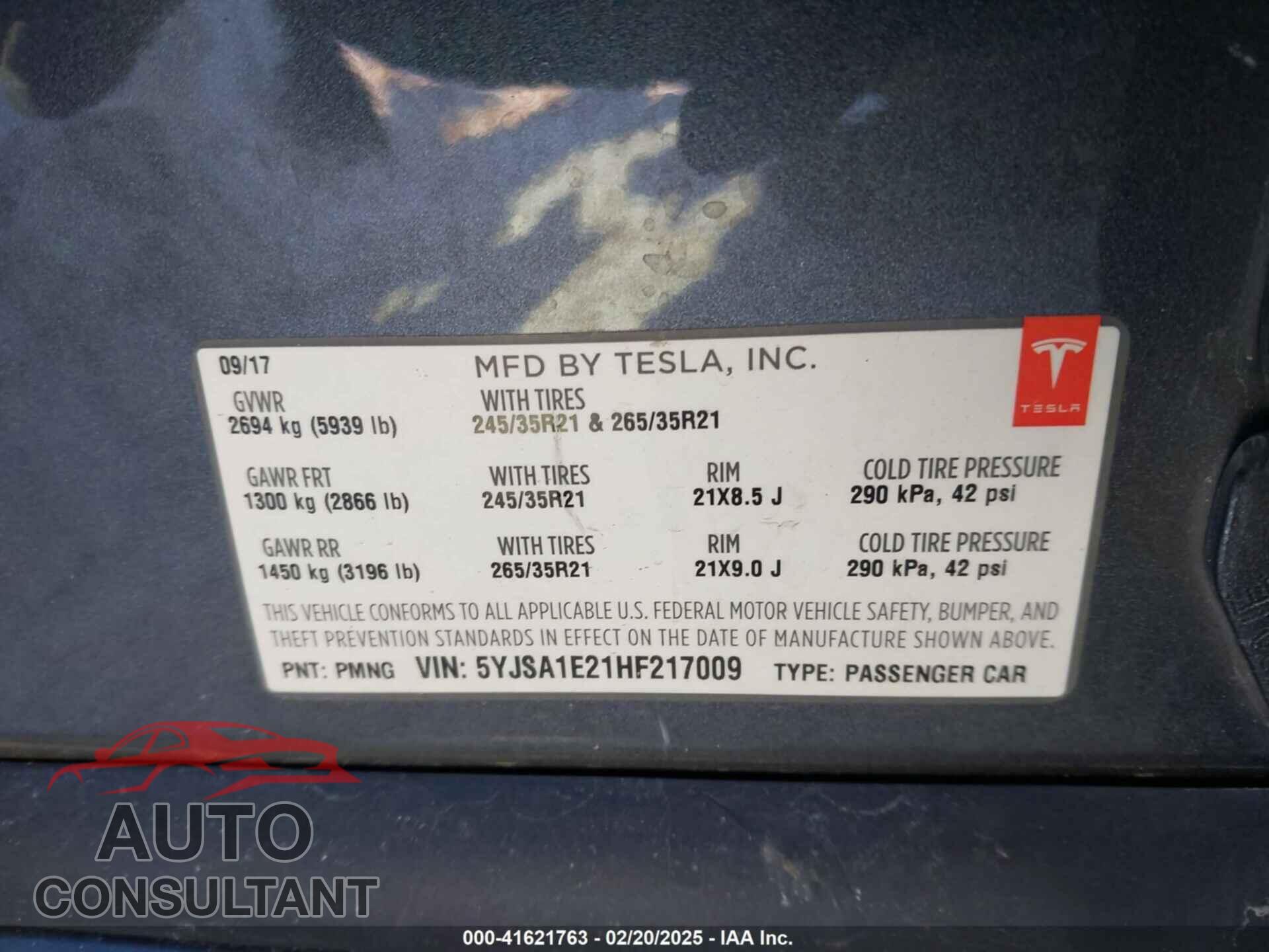 TESLA MODEL S 2017 - 5YJSA1E21HF217009